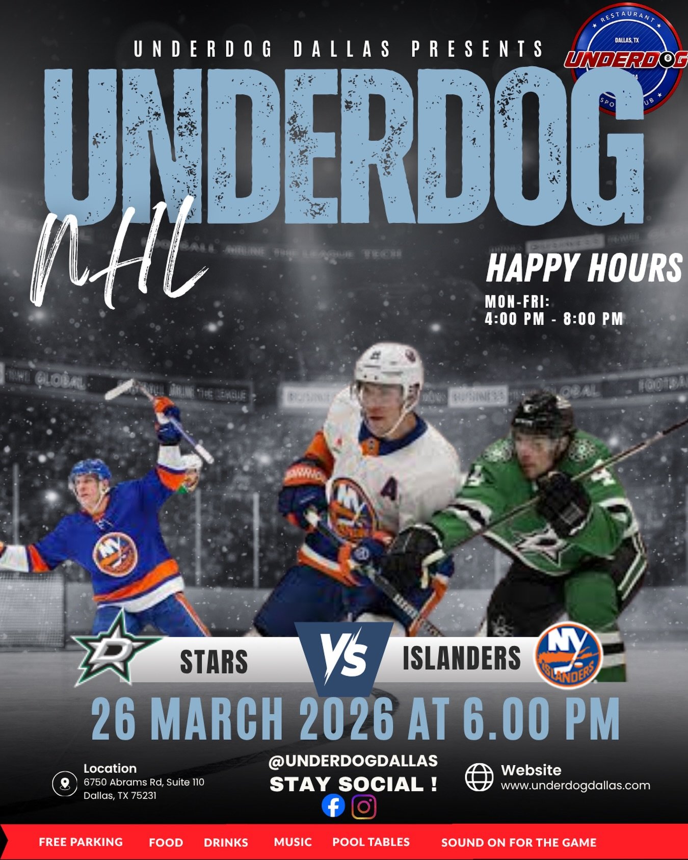 🏒 IT&rsquo;S GAME NIGHT IN DALLAS 🏒
The ice is heating up and we&rsquo;re bringing NHL action straight to Underdog 🔥
⭐ Dallas Stars vs New York Islanders 🕕 Puck drops at 6:00 PM
Big hits, fast breaks, and nonstop energy on ALL screens 📺 Pull up,