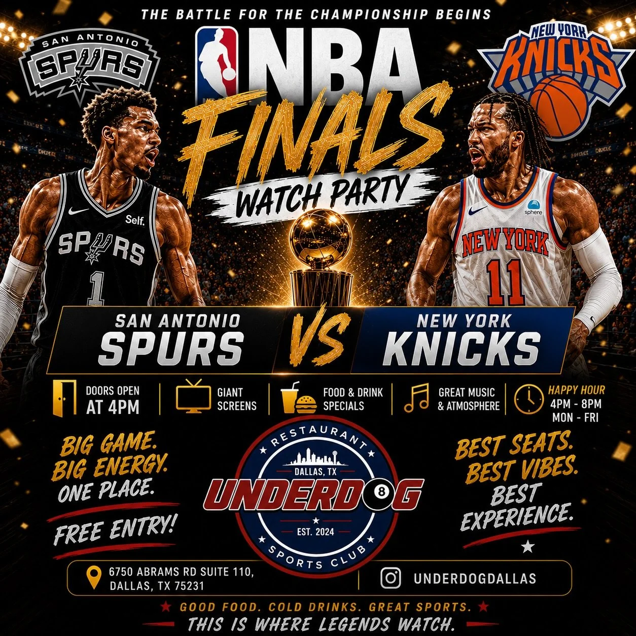 NBA FINALS GAME 1 WATCH PARTY 🔥🏀

The road to the championship starts NOW! Who&rsquo;s taking Game 1? 👀

🏆 San Antonio Spurs vs New York Knicks
⭐ Victor Wembanyama vs Jalen Brunson
📅 Wednesday , June 3rd
⏰ Game Starts at 7:30 PM
📍 Underdog Rest