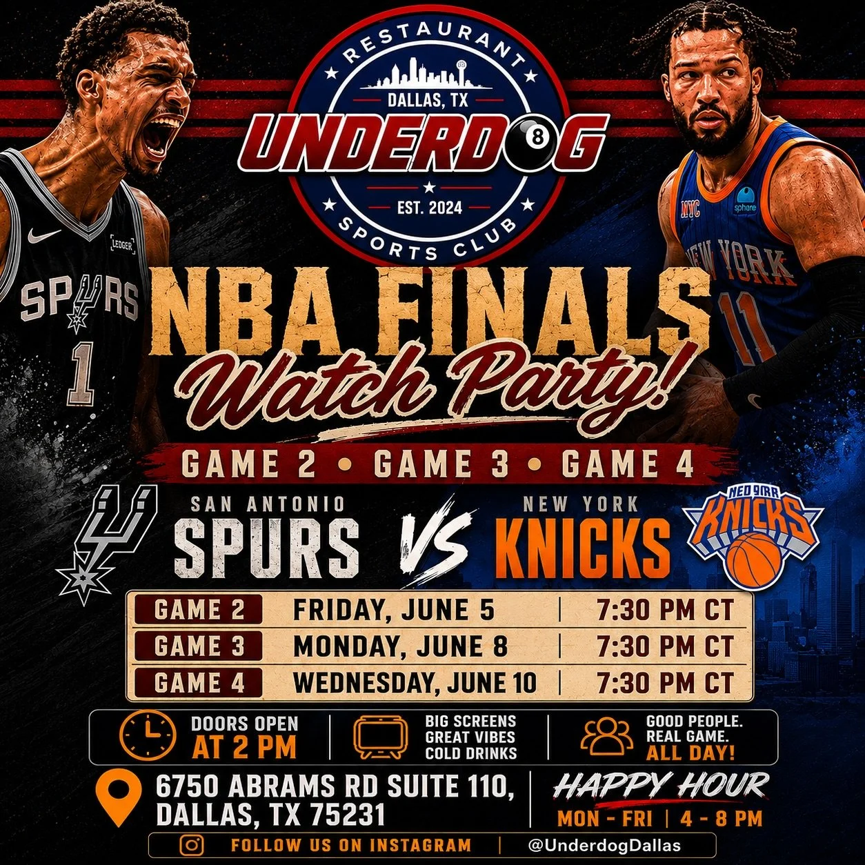 NBA FINALS WATCH PARTY AT UNDERDOG🔥🏀🏆

Catch every Finals game LIVE at Underdog Dallas. 

🗓️ Game 2: June 5

🗓️ Game 3: June 8

🗓️ Game 4: June 10

⏰All games start at 7: 30 PM

🏆 San Antonio Spurs vs New York Knicks
⭐ Victor Wembanyama vs Jal