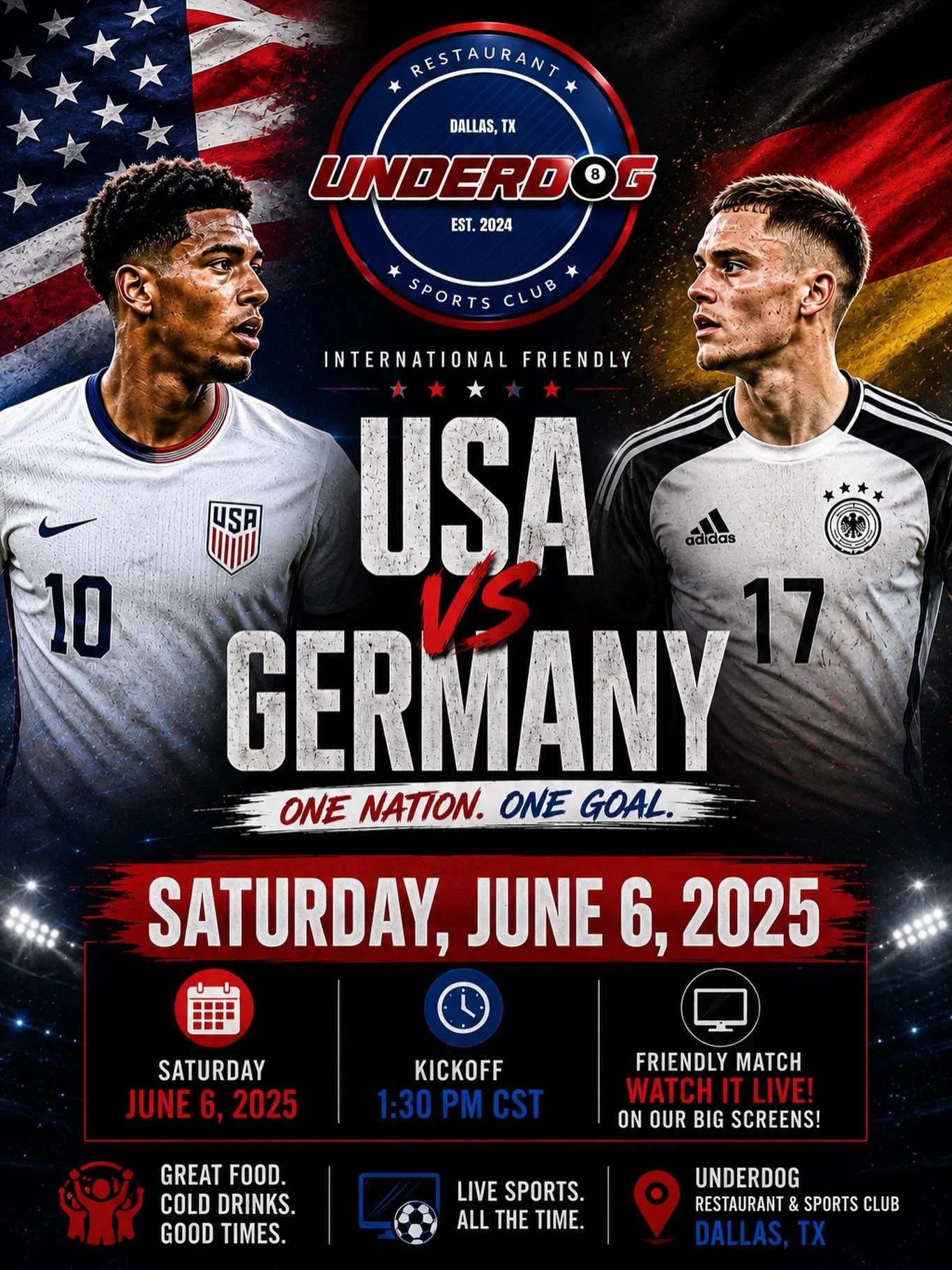 🇺🇸 USA vs 🇩🇪 Germany LIVE at UNDERDOG ⚽🔥

It&rsquo;s an Int. Friendly and we&rsquo;re showing it BIG!

Watch USA take on Germany in an exciting international friendly as two football powerhouses battle it out on the pitch.

📅 Saturday, June 7
⏰
