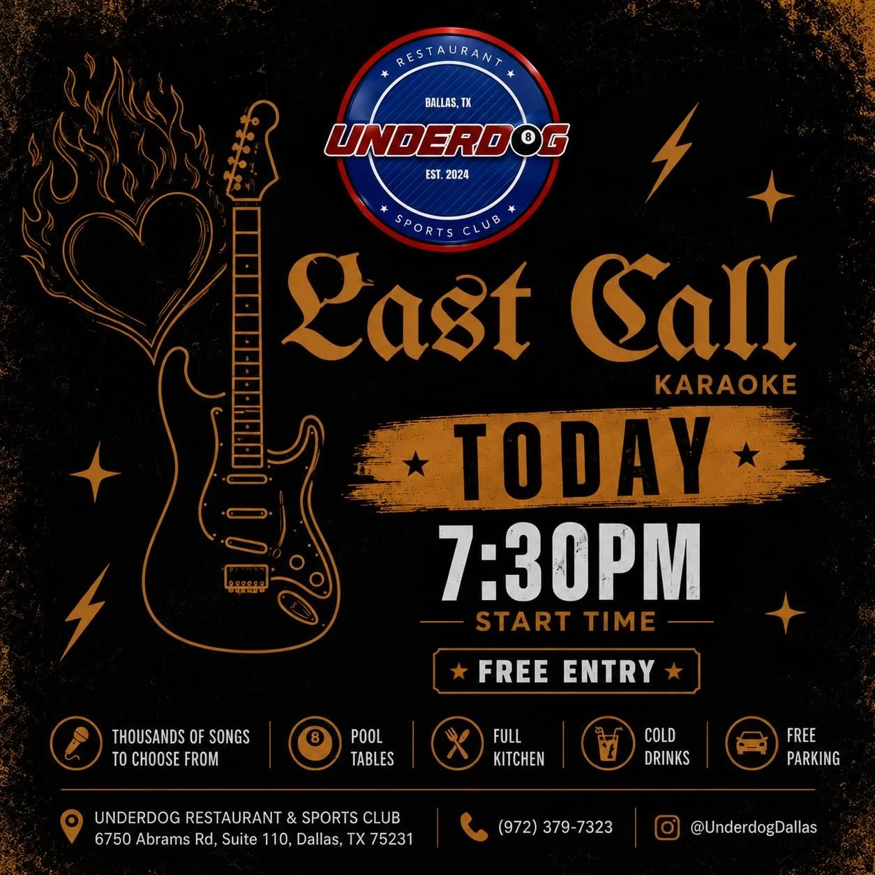 🎤🔥 LAST CALL KARAOKE LIVE AT UNDERDOG 🔥🎤

It&rsquo;s karaoke night in Dallas &mdash; and the mic is yours! 🎶

Whether you&rsquo;re a shower singer, a rockstar in disguise, or just looking for a fun night out with friends, join us for an unforget