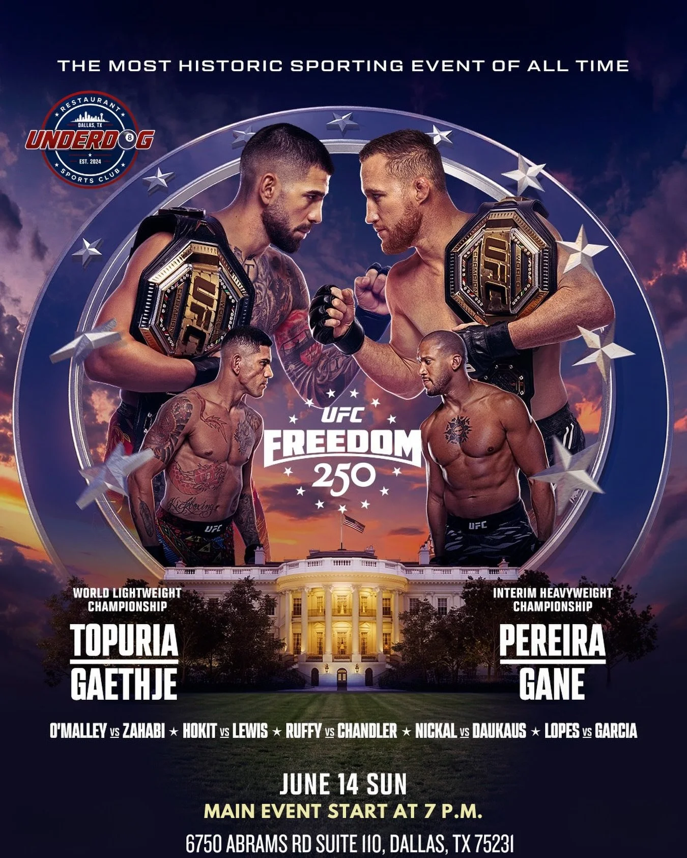 UFC 250: FREEDOM WATCH PARTY AT  UNDERDOG!
Experience one of the biggest fight nights of the year at Underdog Restaurant &amp; Sports Club. 
Watch&nbsp;Ilia Topuria defend his World Lightweight Championship against Justin Gaethje, while&nbsp;Alex Per