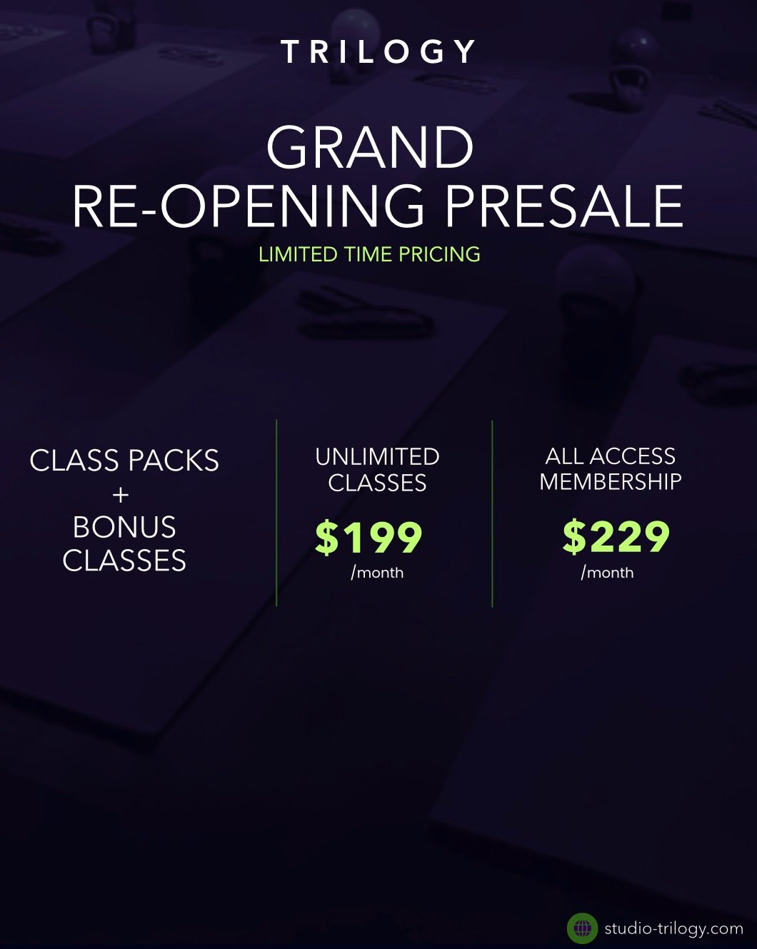 Grand-Reopening Pre-Sale is LIVE. New Space. New Schedule. Same Trilogy. 

Limited-time only class packs, plus our already-priced-right Membership options ✨ Grab it on our app or website. 

&bull;Military and Essential workers get 10% off recurring m