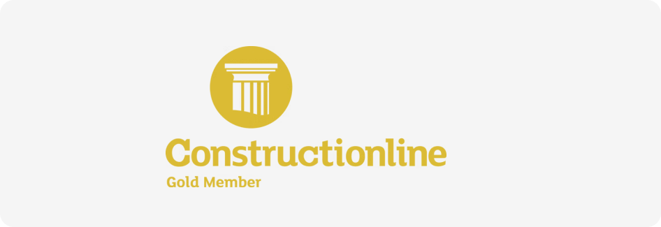 Constructionline Gold Member logo with a Greek column icon in a yellow circle.