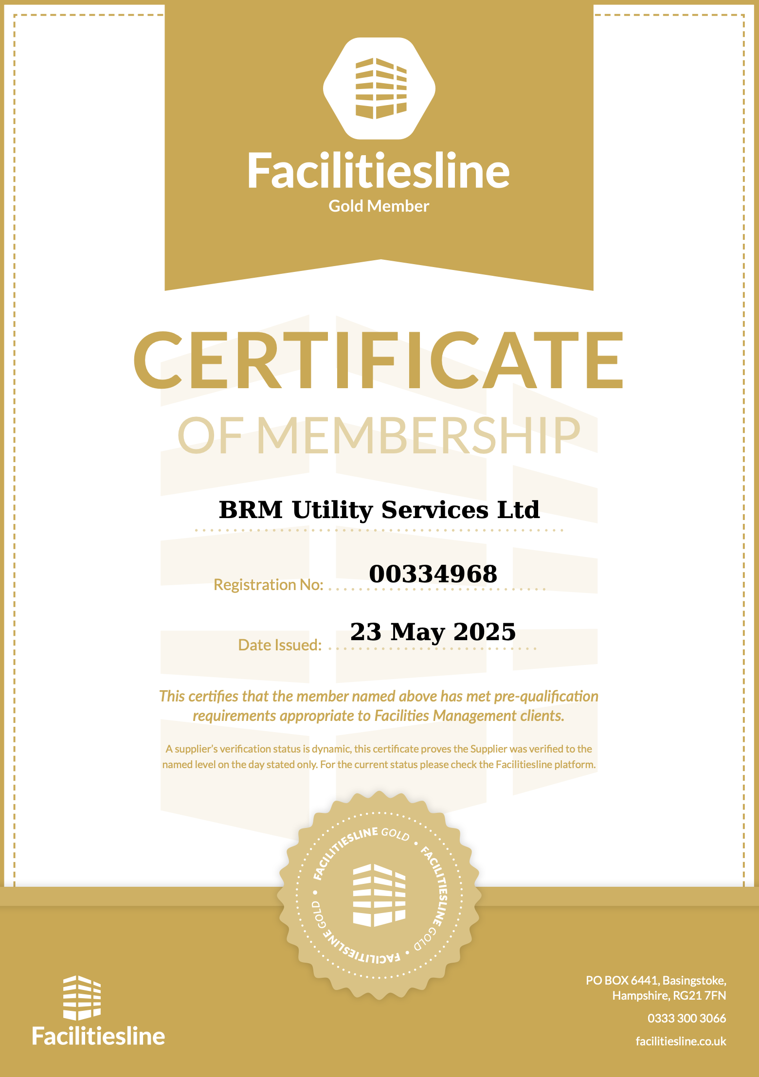 Certificate of membership from Facilitiesline, gold member level, awarded to BRM Utility Services Ltd, with registration number 00334968, issued on 23 May 2025, featuring a gold and white design with a building logo and a circular badge at the bottom