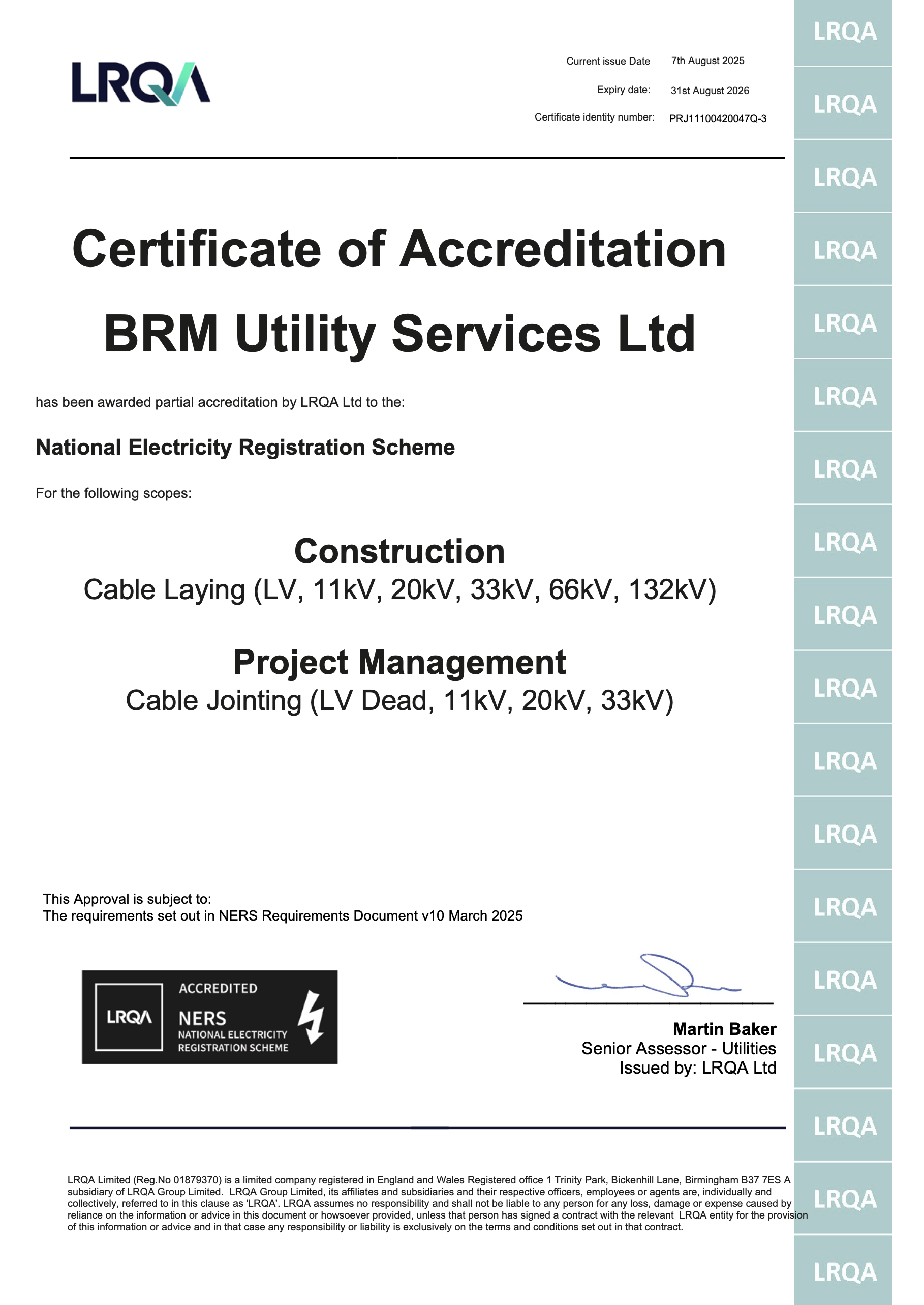 Certificate of accreditation issued to BRM Utility Services Ltd by LRQA for National Electricity Registration Scheme, covering construction and project management scopes related to cable laying and jointing, dated August 7, 2025.