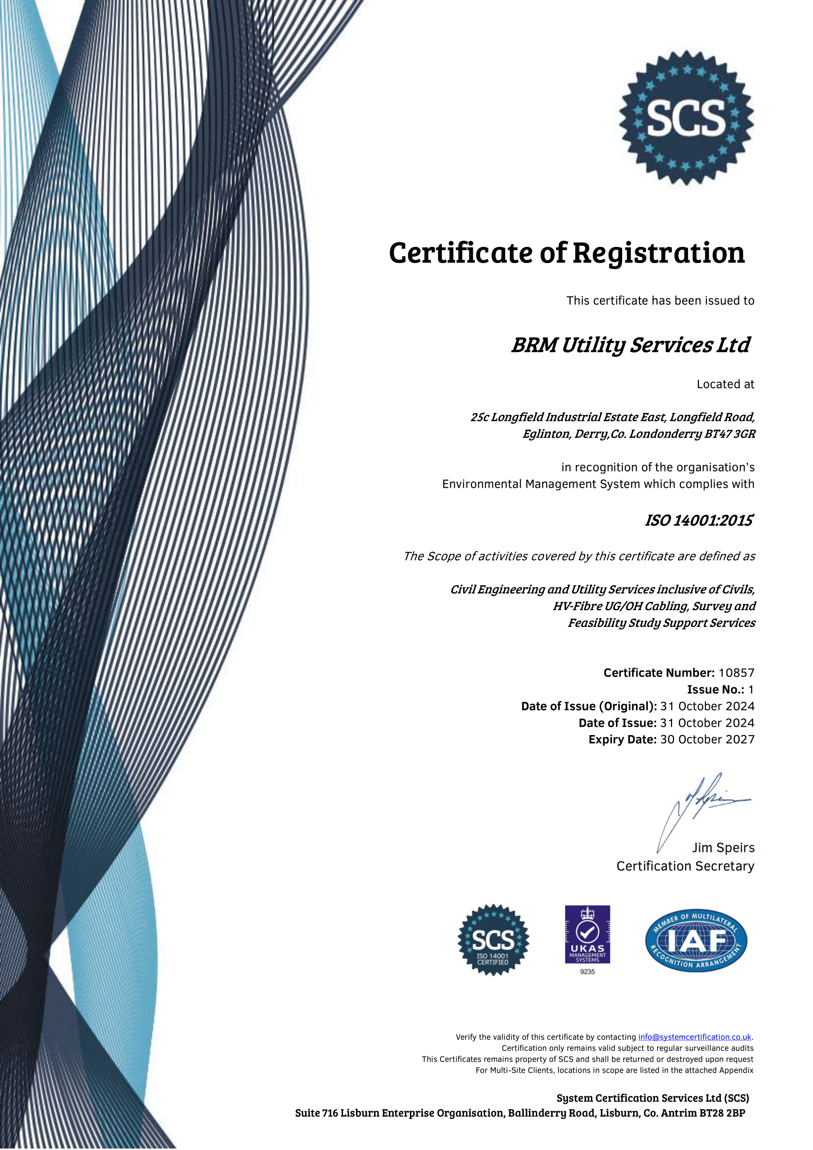 ISO 14001:2015 certification document for BRM Utility Services Ltd, issued by System Certification Services Ltd (SCS), recognizing compliance with Environmental Management System standards. Includes details such as certificate number, issue date, and