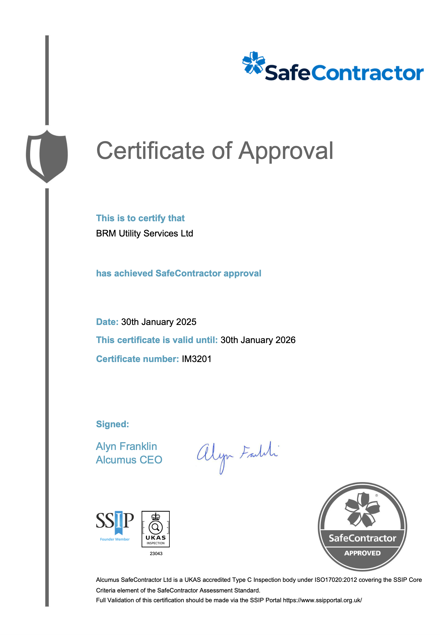 A SafeContractor Certificate of Approval issued to BRM Utility Services Ltd, valid from January 30, 2025, to January 30, 2026, with certificate number IM3201. Signed by Alyn Franklin, Alcumus CEO.