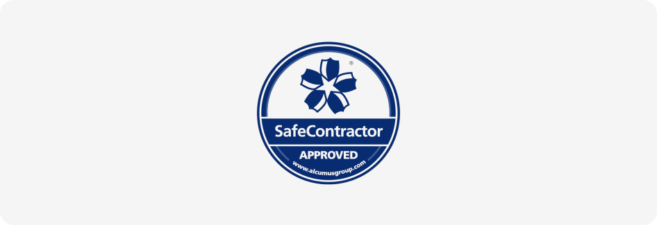SafeContractor Approved logo with blue shield design and Alcumus Group website URL.