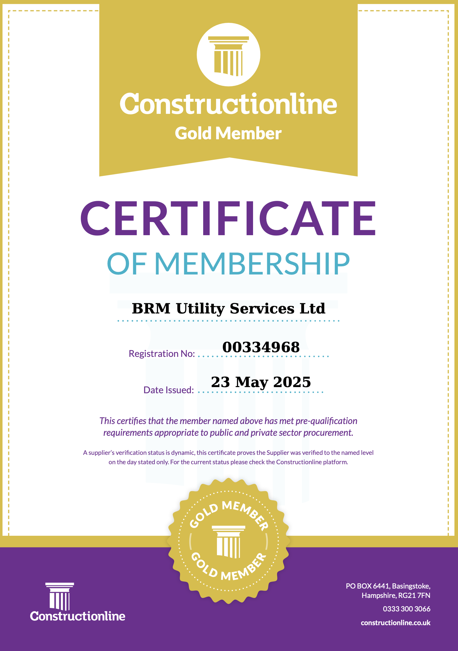 Certificate of membership from Constructionline for BRM Utility Services Ltd, issued on 23 May 2025, with a gold membership designation, registration number 00334968.