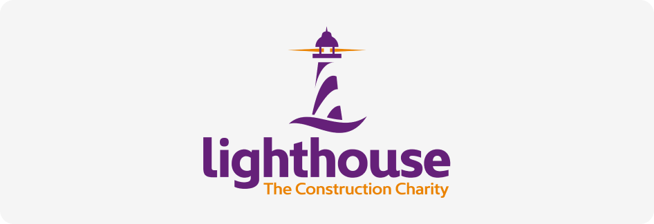 Logo for "Lighthouse The Construction Charity" featuring a stylized purple lighthouse with orange light beams.