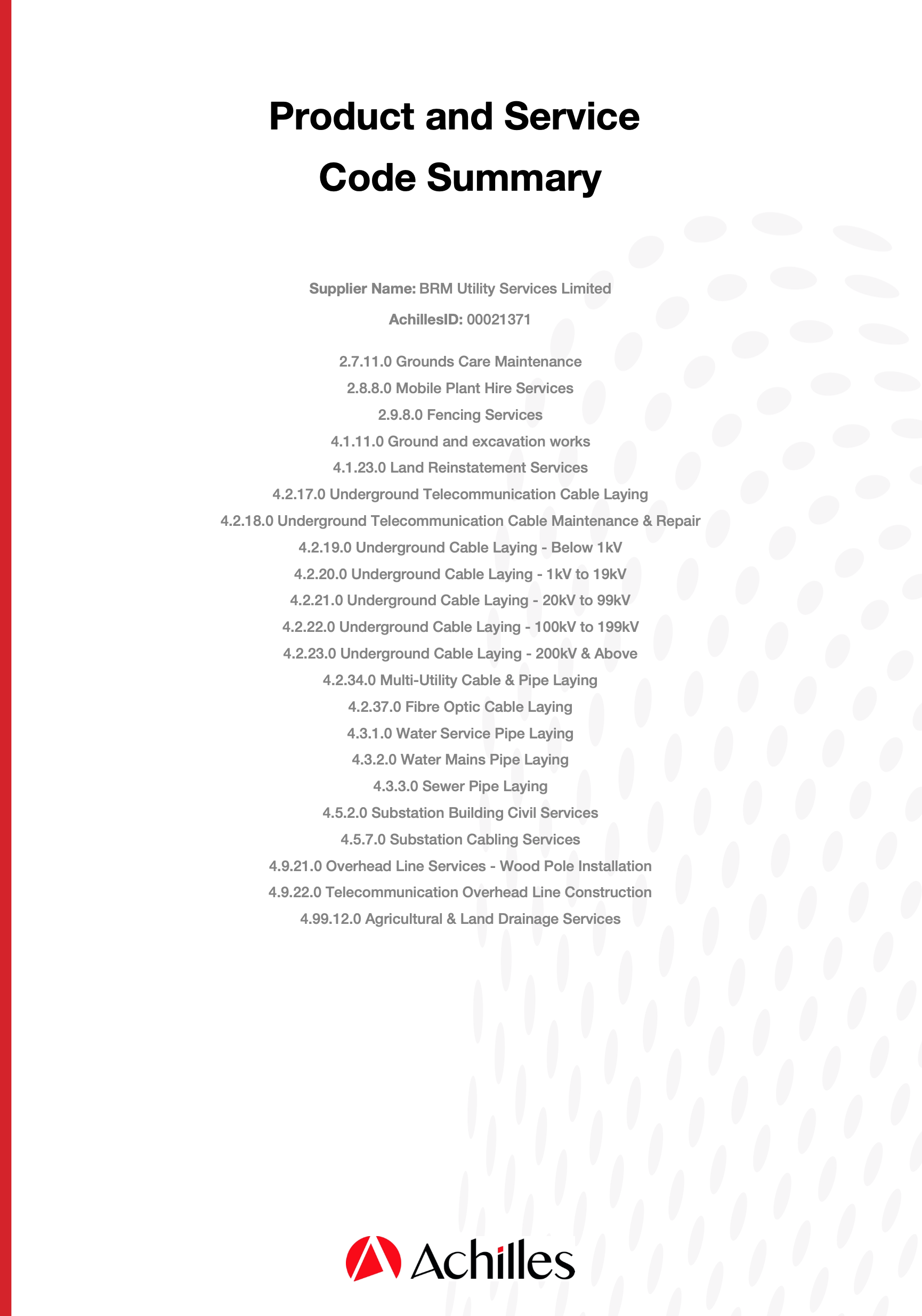 Document listing product and service codes for BRM Utility Services Limited, including grounds maintenance, mobile plant hire, fencing, excavation, land reinstatement, and various types of underground cable laying and pipe services. AchillesID: 00021