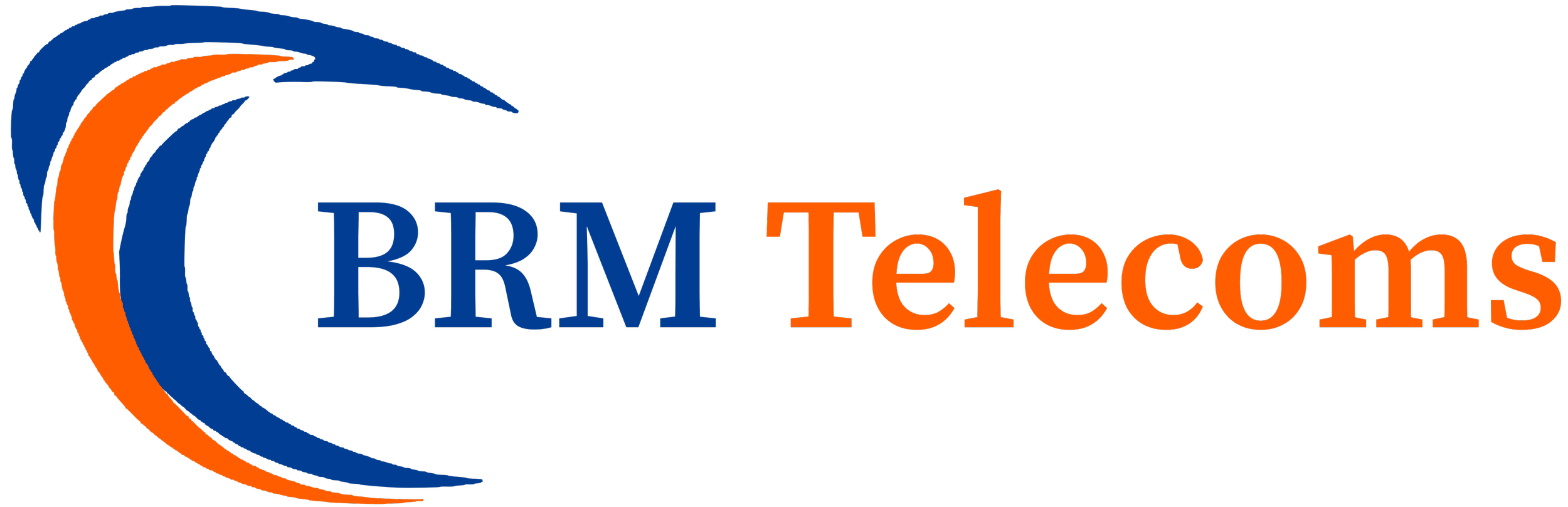 BRM Telecoms logo with blue and orange curved design