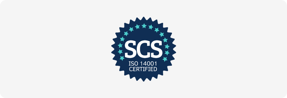 SCS ISO 14001 certified badge with stars on a dark blue background.