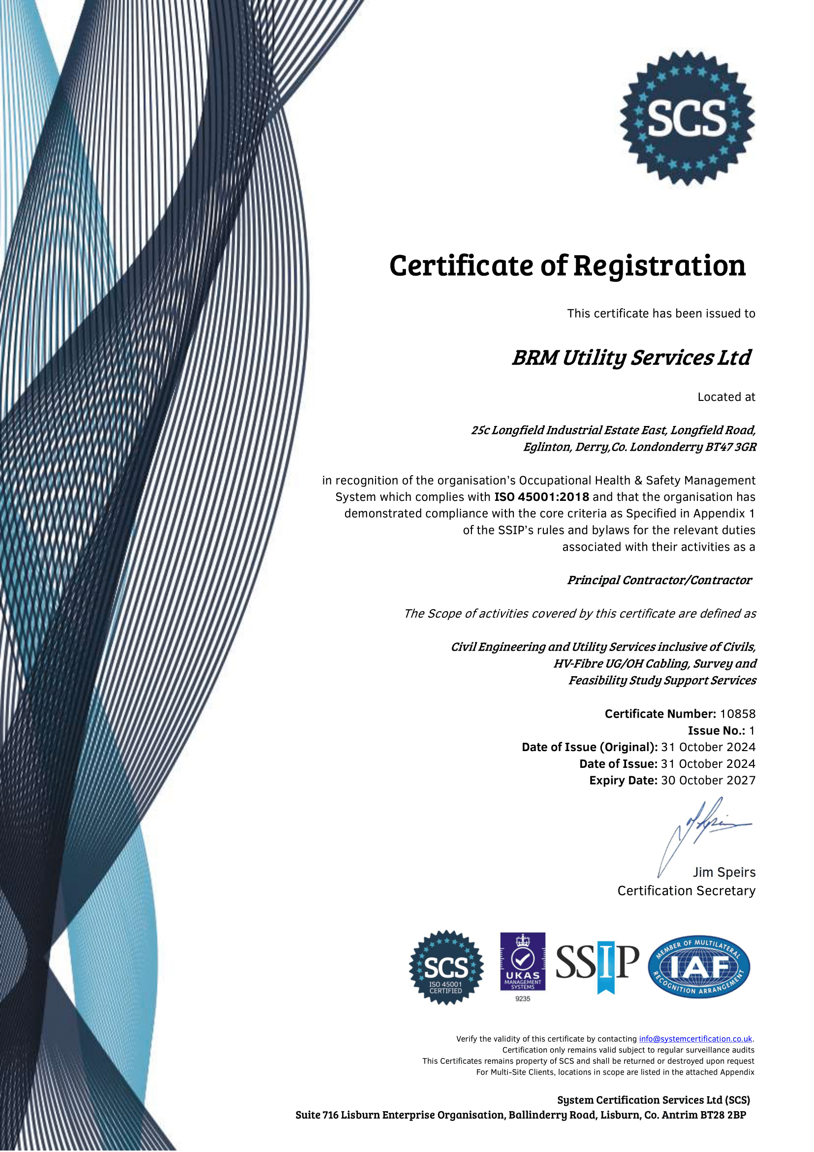 ISO 45001:2018 certificate issued to BRM Utility Services Ltd for Occupational Health & Safety Management compliance by System Certification Services Ltd. Includes name, address, certificate number, issue date, and expiry date.