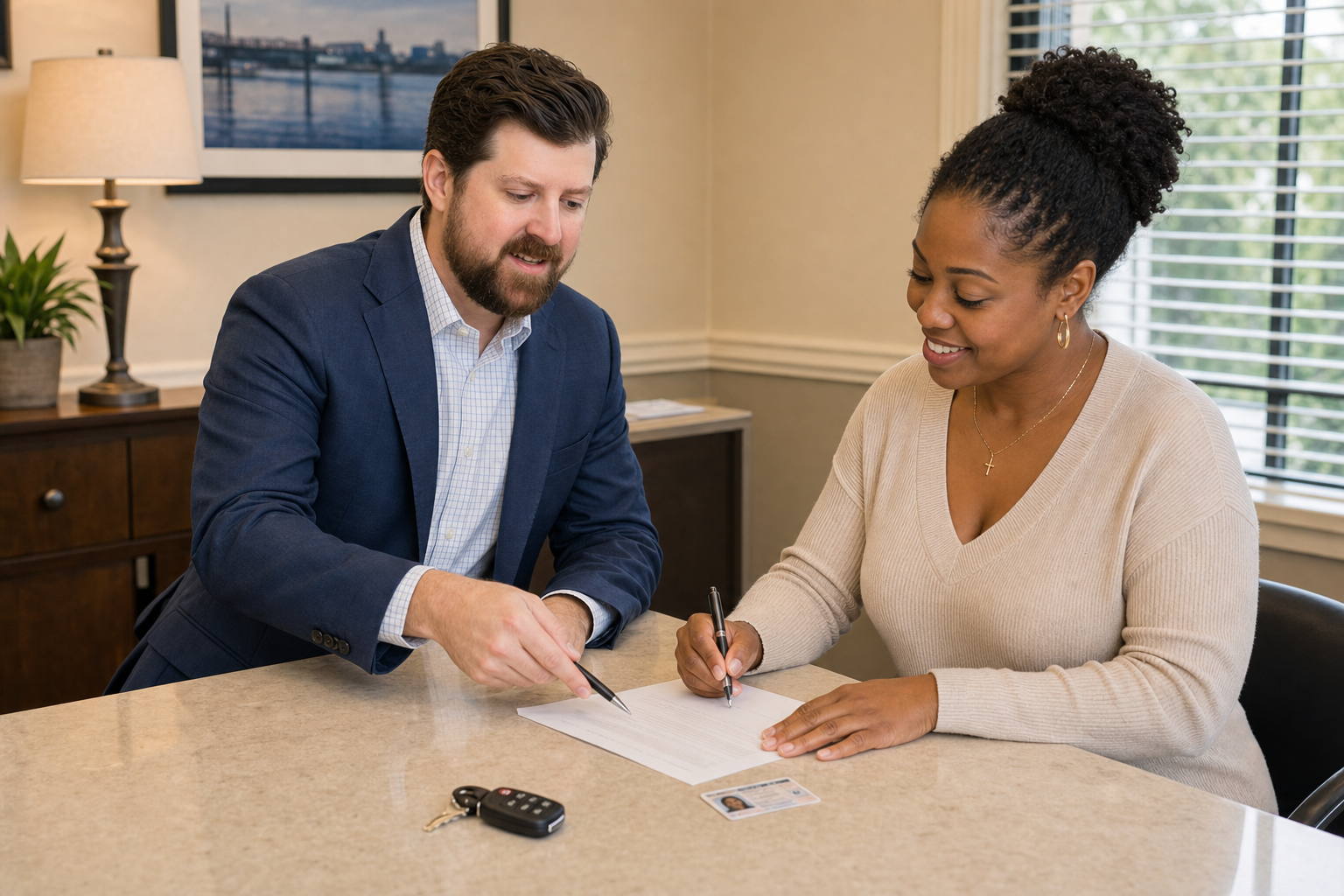 A woman and a man sitting at a table signing paperwork, with a car key on the table and an ID card, inside a well-lit room with a window and a framed picture on the wall.