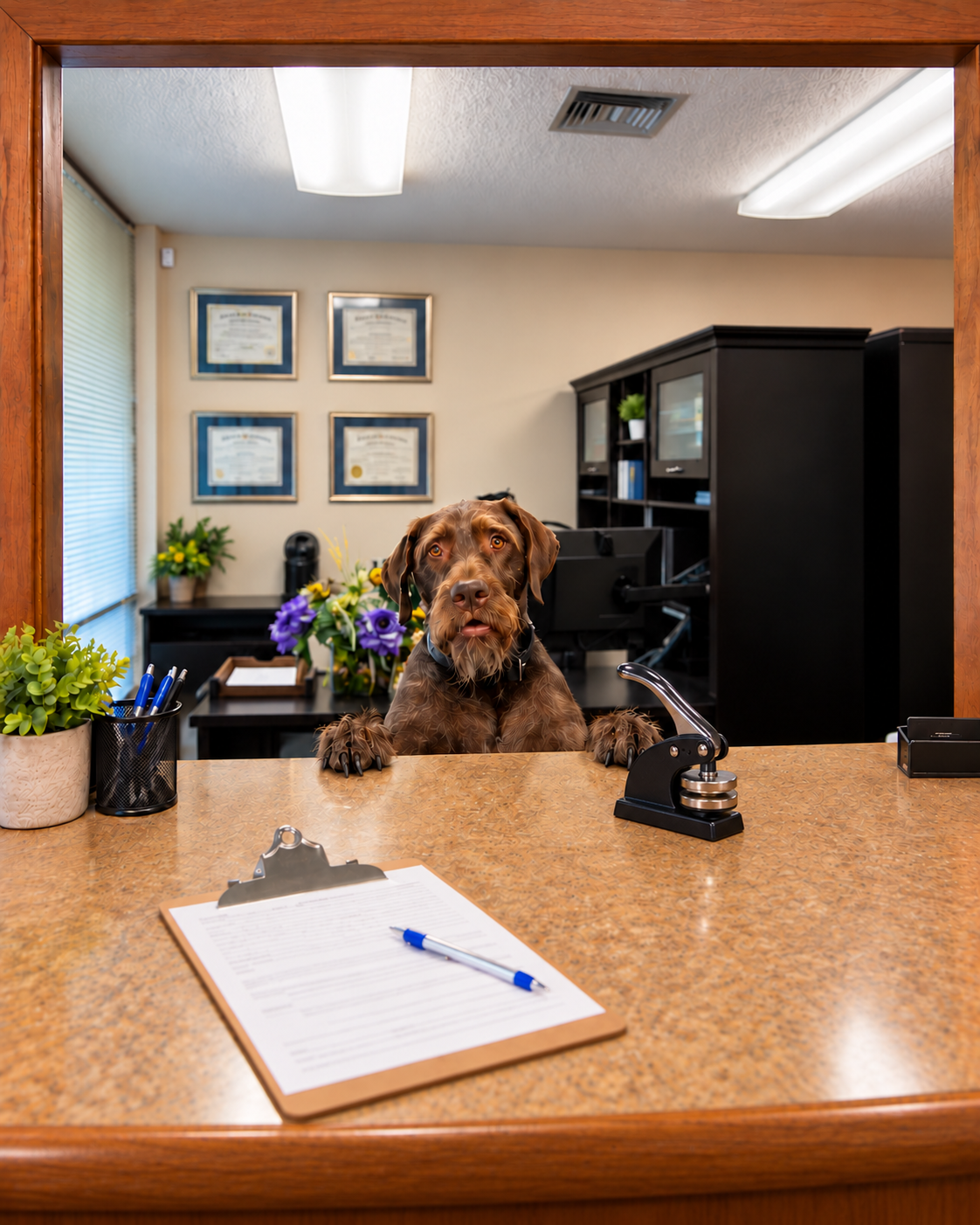 Worthington greets visitors at the Perkins Road Notary counter in Baton Rouge, with a clipboard, pen, and notary seal embosser on the countertop.