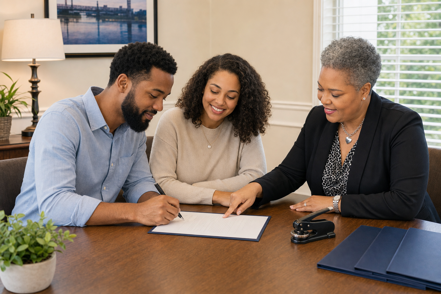 Three people sitting at a table, looking at a document, with one person signing and another woman pointing.