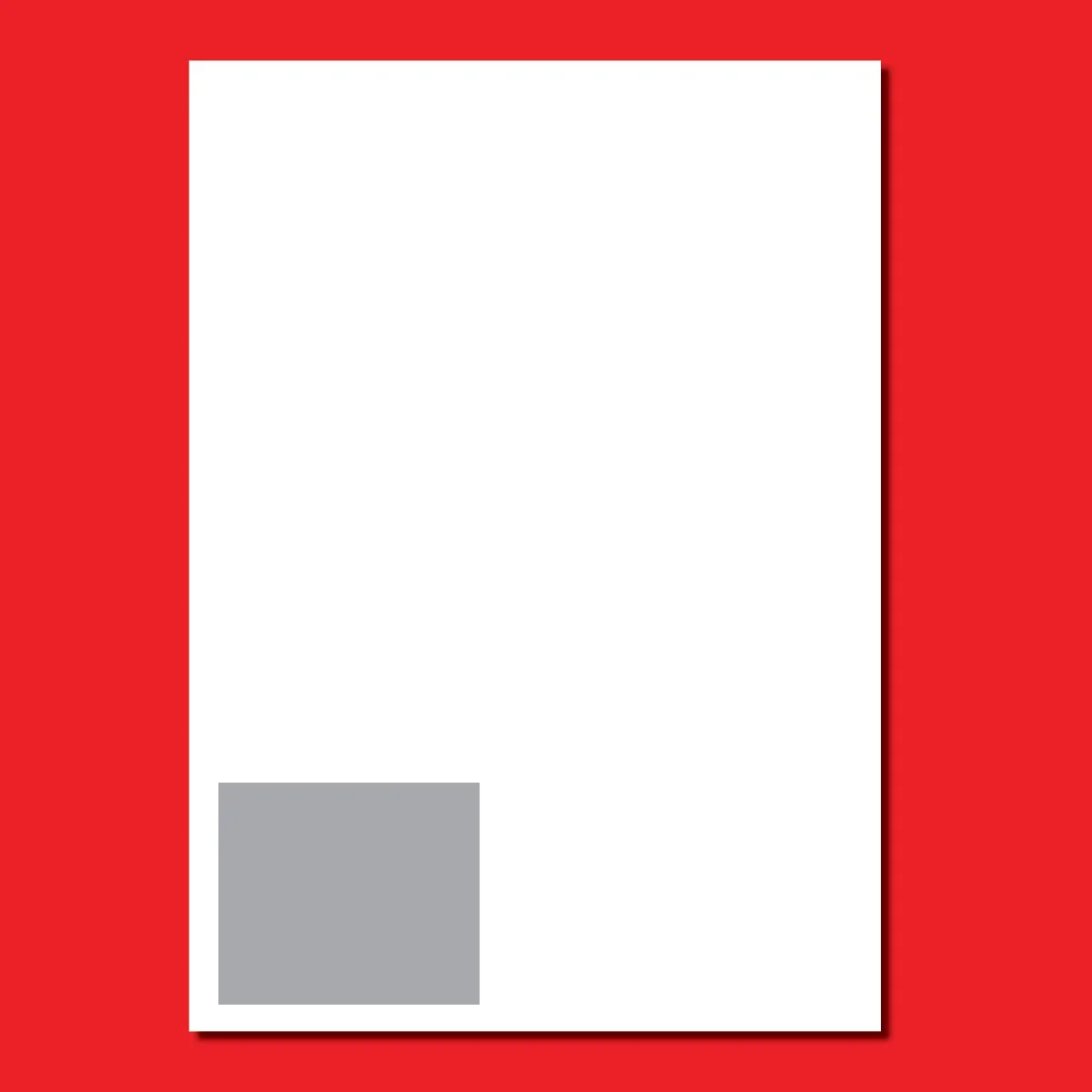 Image of a vertical rectangular poster with a red background, a white space in the center, and a gray rectangle towards the bottom.