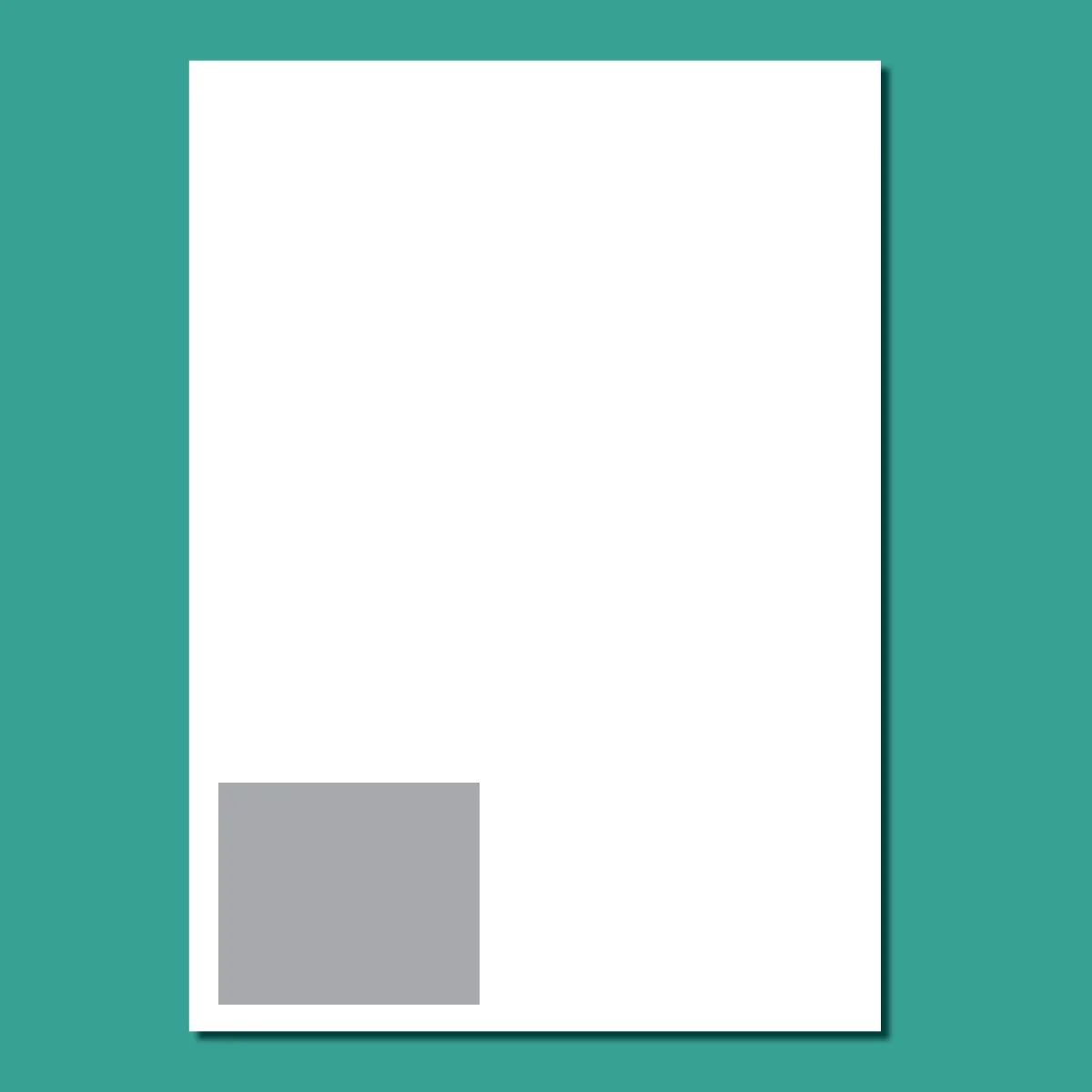 A document with a white background, featuring a large white area at the top and a gray rectangular area at the bottom, on a teal-colored surface.