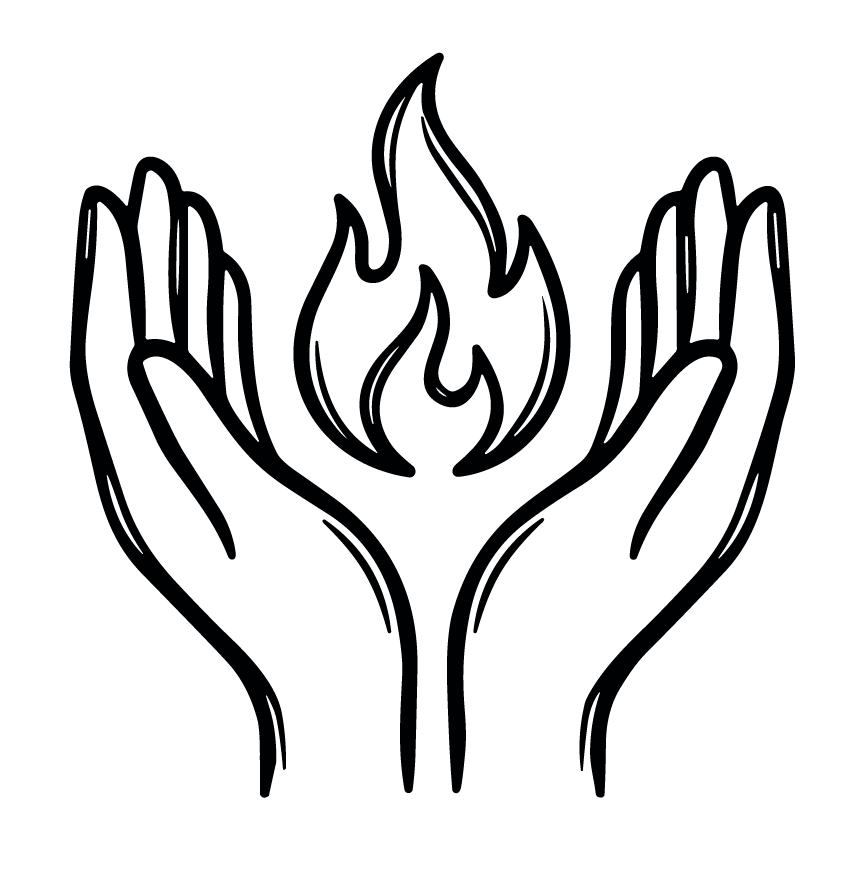 Outline drawing of a hand holding a flame.