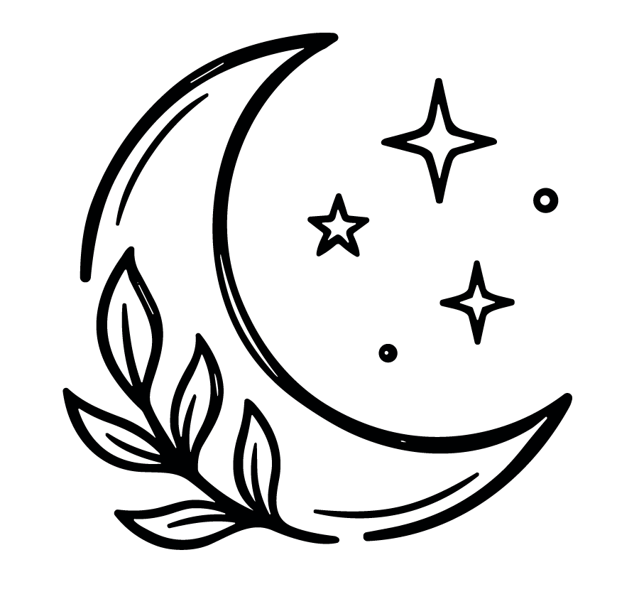 Outline drawing of a crescent moon with stars and leaves surrounding it.