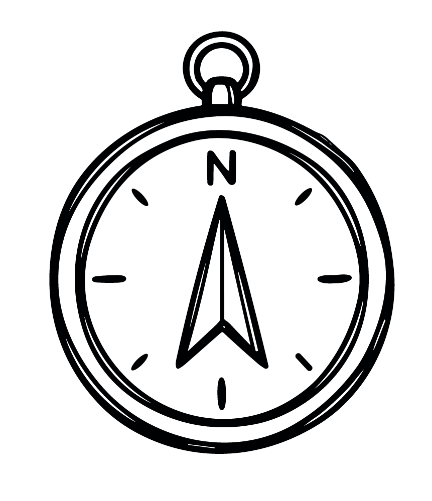 Black and white drawing of an analog compass with a needle pointing north.