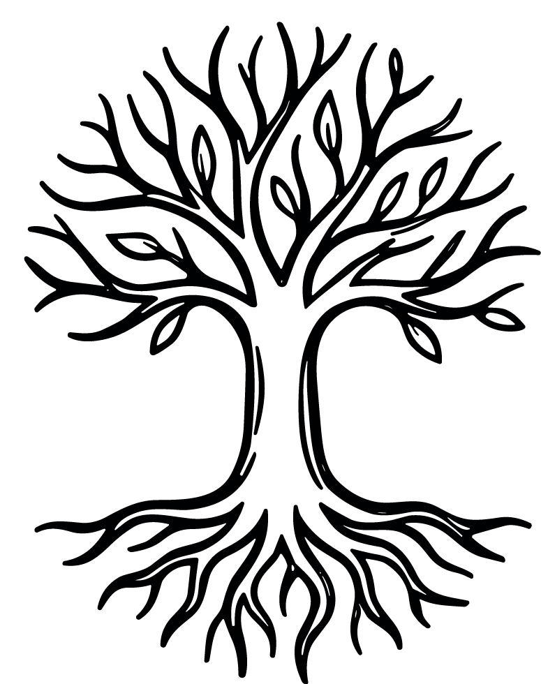 A black silhouette of a tree with many branches and roots.