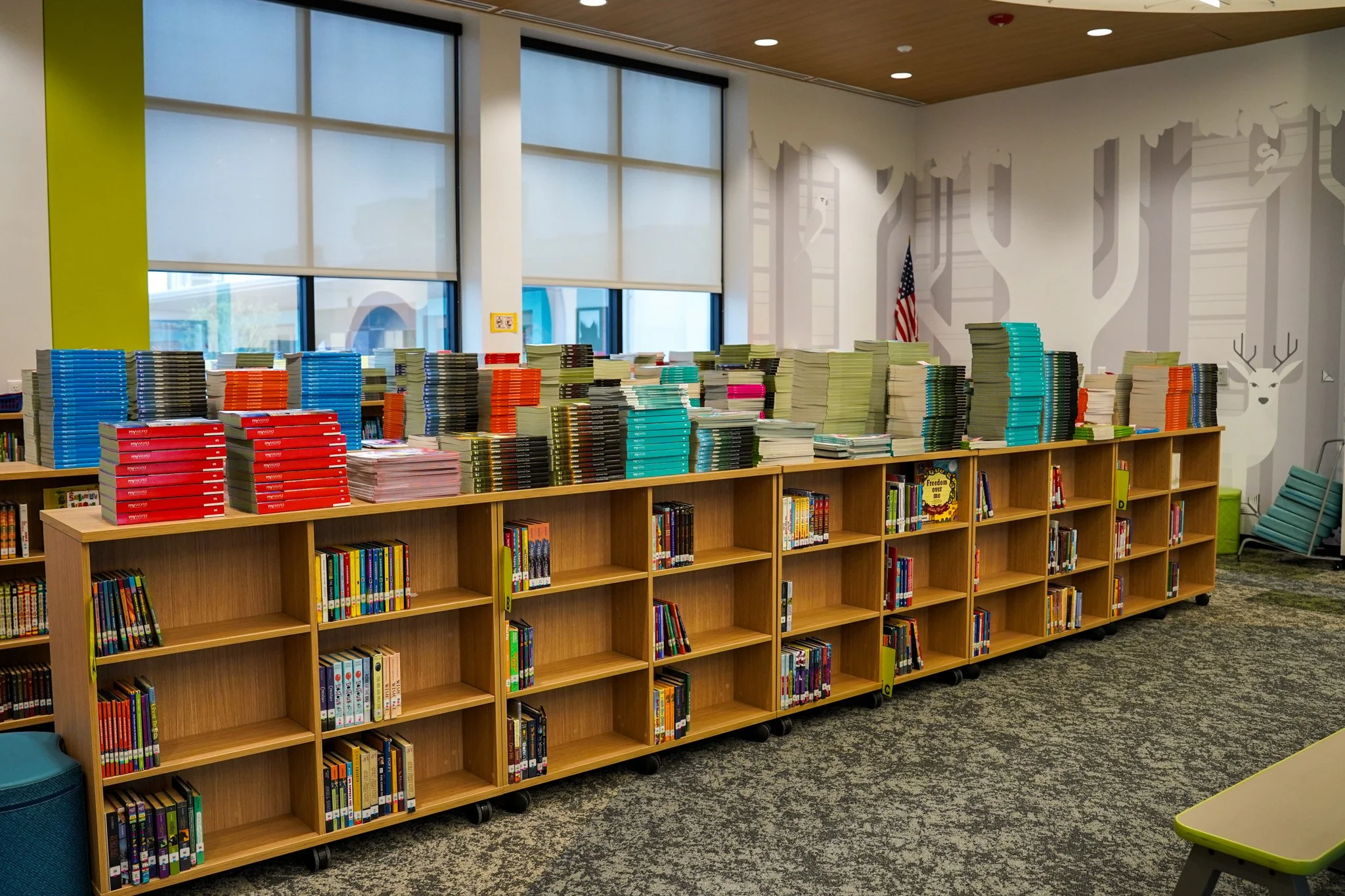 Mobile bookshelves that can be easily reconfigured to change the space. 