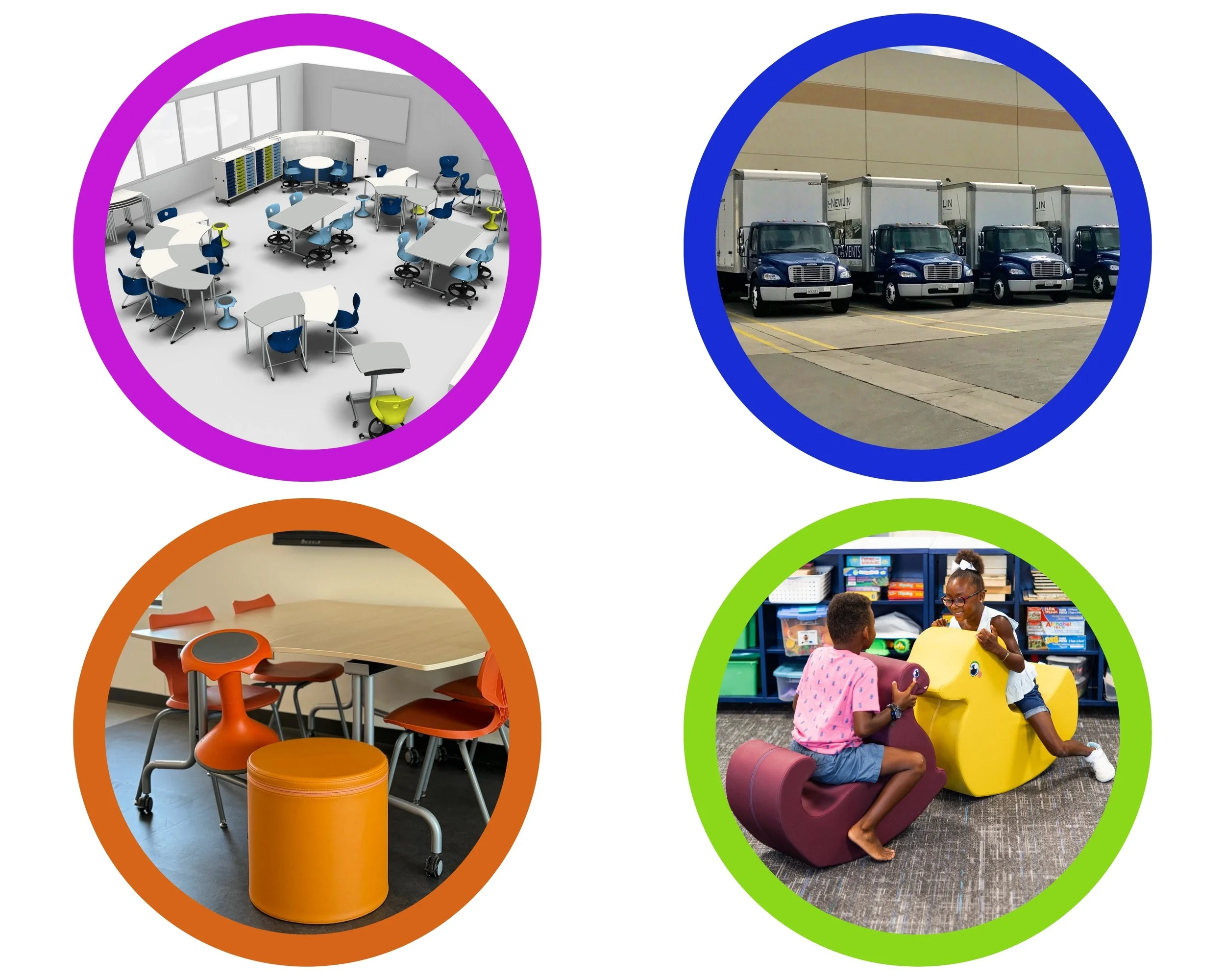 Collage of four images: an empty classroom with tables and chairs, a line of delivery trucks, a classroom with round table and chairs, children playing with a yellow sculpture in a library.