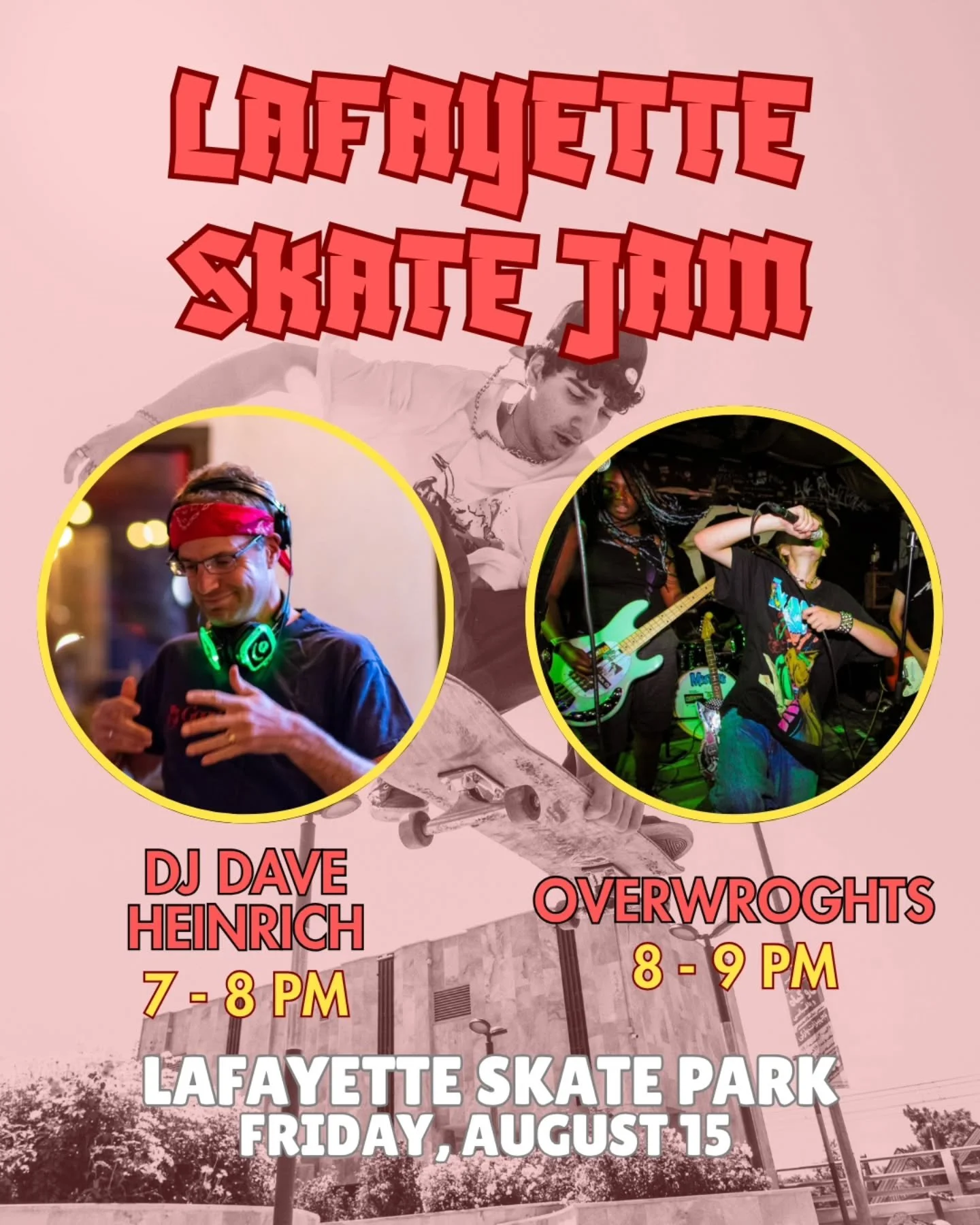 Next Friday is the final Skate Jam for the summer. Come get loud with us!

DJ Dave Heinrich plays from 7-8, followed by some sick punk rock from @overwroghts_band from 8-9.

#skatejam #skateboarding #rollerskating #dj #coloradodj #punk #punkrock #dji