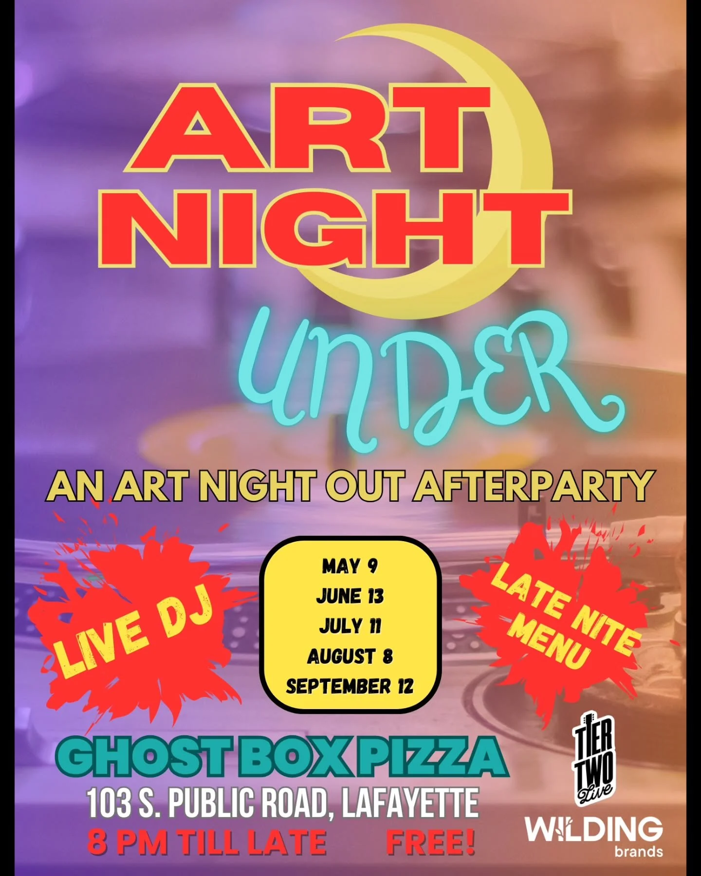 We're beyond excited for this Friday...the first Art Night UNDER, an Art Night Out afterparty. We'll be keeping the vibes going with top 40 bangers from across the decades! Late night menu and drink specials too. FREE!!

Music starts at 8 and goes un