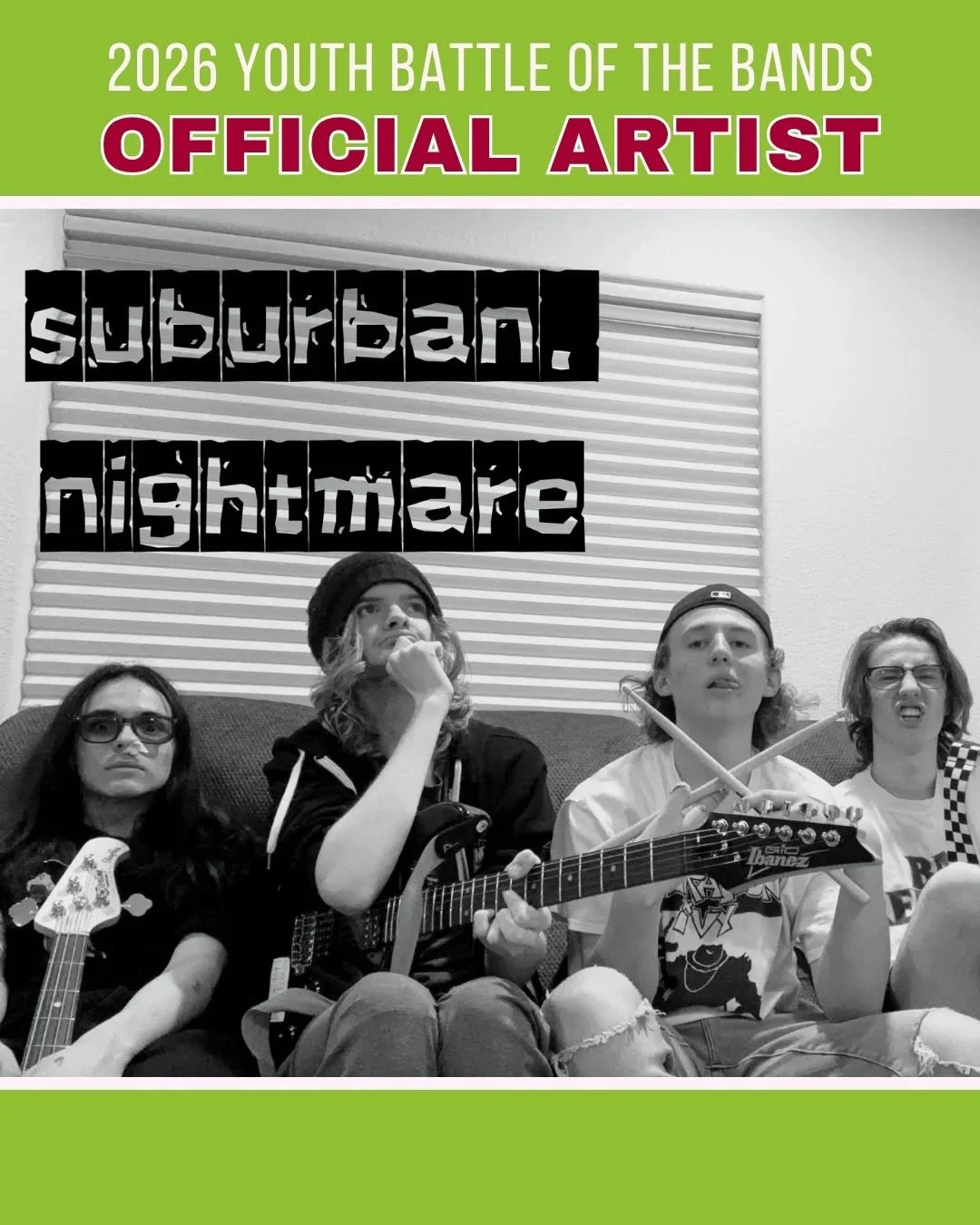 Youth Battle of the Bands Artist: Suburban Nightmare

Queer skate punk band from Denver. Ellie on lead guitar, Marin on bass, Mason on rhythm guitar, Kate on drums.

Come see them bring the house down at the @thelouisvilleunderground on Sunday, April