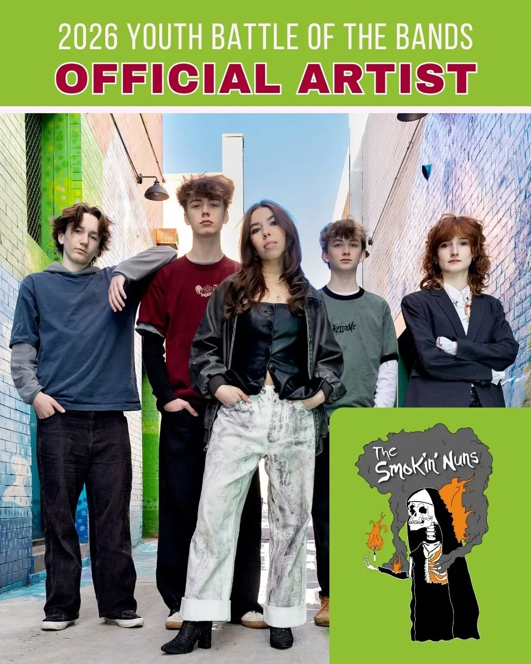 Youth Battle of the Bands Artist: The Smokin' Nuns

Zana, Matthew, Eli, Victor, and Addison make up a five-piece alternative hard rock band from Colorado. With their unpredictable style and bold energy, they&rsquo;re ready to leave a lasting impact o