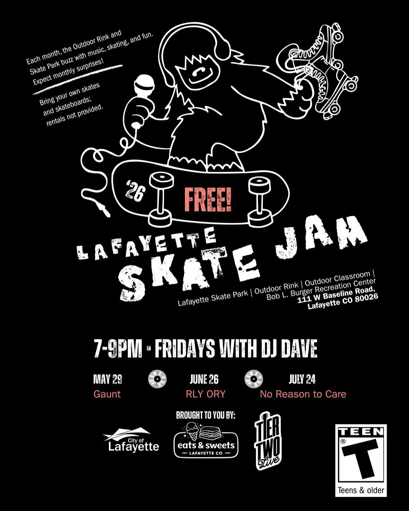 Lafayette Skate Jam is back for 2026! After an epic first year, we&rsquo;re doing it again. The outdoor rink and skate park will be buzzing with music, skating, and nonstop summer vibes. Starting at 7pm, catch a DJ set from DJ Dave, then stick around