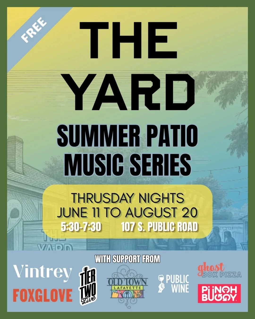 Super excited to announce our collaboration with the folks at Vintrey Honest Goods and Foxglove bar to bring live music to The Yard!

Every Thursday evening, from June 11th to August 20th, we're bringing live music from local artists. Music runs from