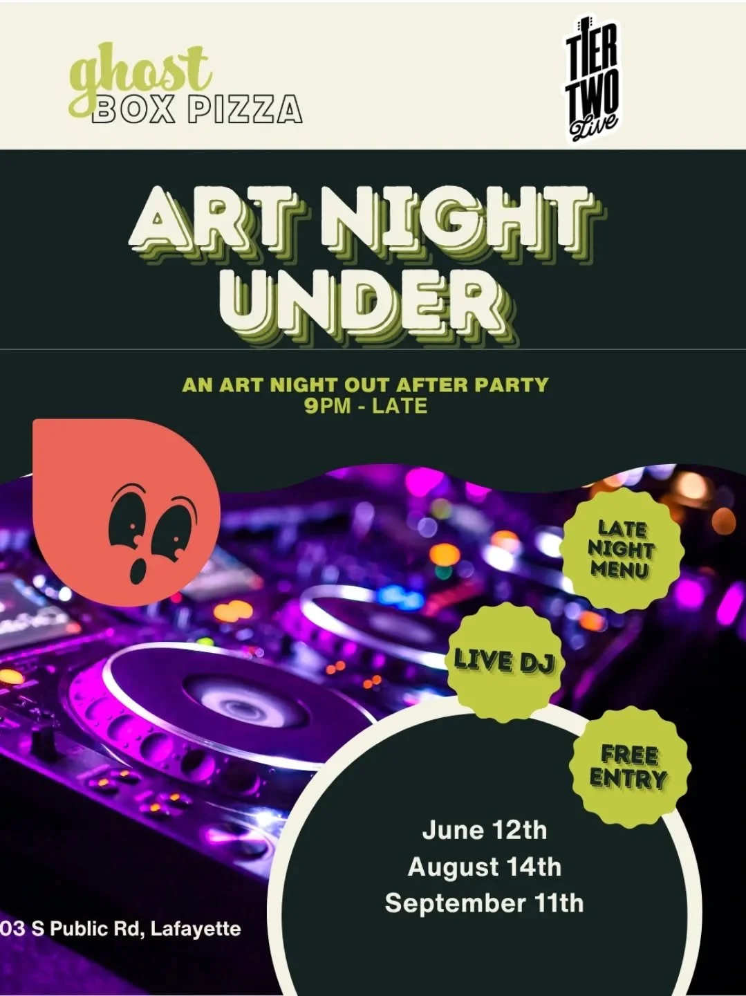 This Friday come dance with us at Ghost Box Pizza!! I got so many questions at the last Art Night Out if I was doing the after party.  We couldn't pull it together in time last month, but IT IS ON for this Friday!

Come find me Friday during Art Nigh