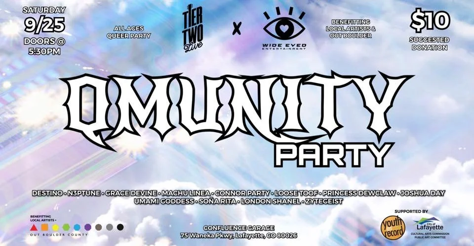 Event poster for Disability Party on Saturday, September 25th at 5:30 PM, supporting local artists and benefiting Youth Record and Lafayette City of Lafayette. Featuring multiple local artists such as N3ptune, Grace Devine, Machu Linea, Connor Party,