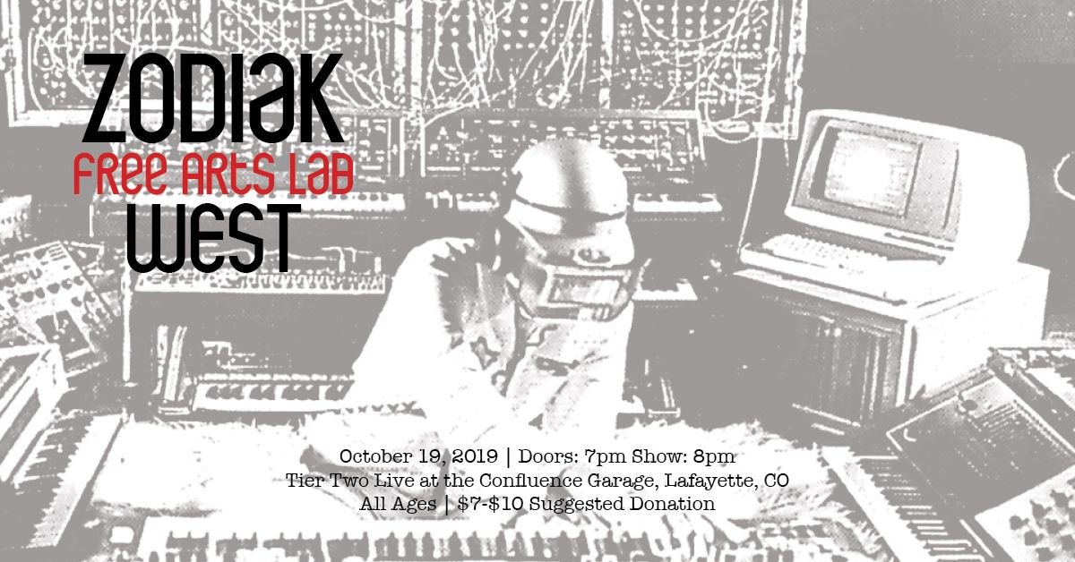 Poster for a music event featuring Zodiak and Free Arts Lab West. The poster has a black and white photo of a person wearing a helmet and headphones in a music studio surrounded by electronic equipment and keyboards. Details include the date October 