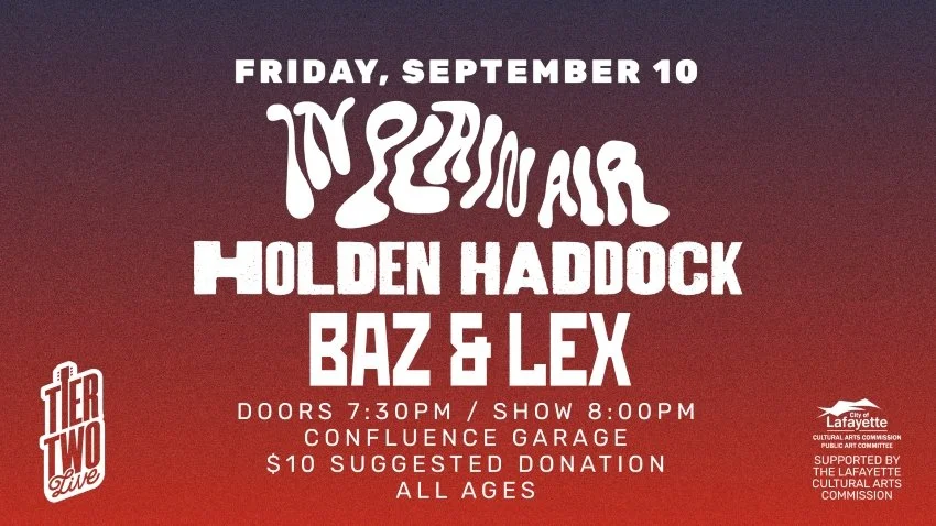 Event poster for a concert featuring Mat Zozolin on September 10 at Holden Haddon with Baz & Lex, shown with details about time, location, donation, and sponsors.