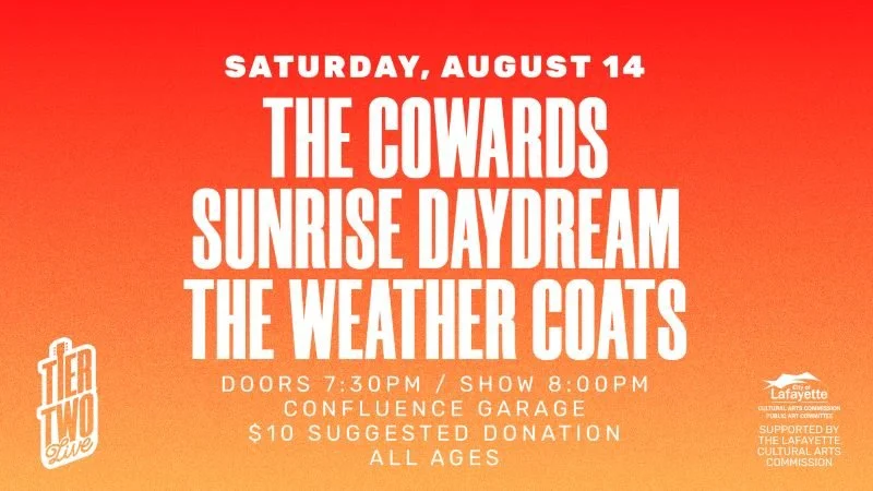 Event poster with a gradient orange background listing bands and event details for a music show on Saturday, August 14, including bands The Cowards, Sunrise Daydream, and The Weather Goats, at Confluence Garage with doors at 7:30 PM and show at 8:00 