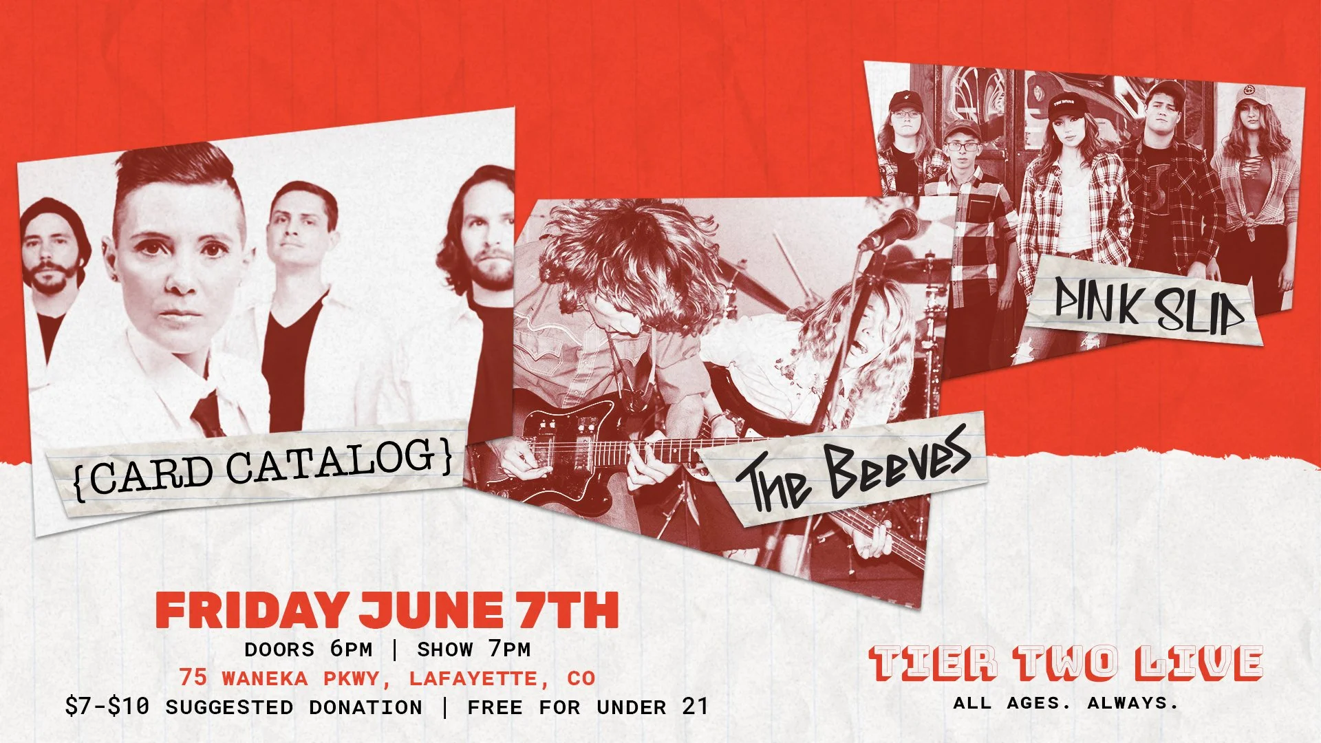 Event poster for a live music show on June 7th, featuring bands The Beaves and Pink Slip, at 75 Waneka Pkwy, Lafayette, CO. The poster has a red background with photos of the bands, with text indicating doors open at 6 PM, show starts at 7 PM, sugges