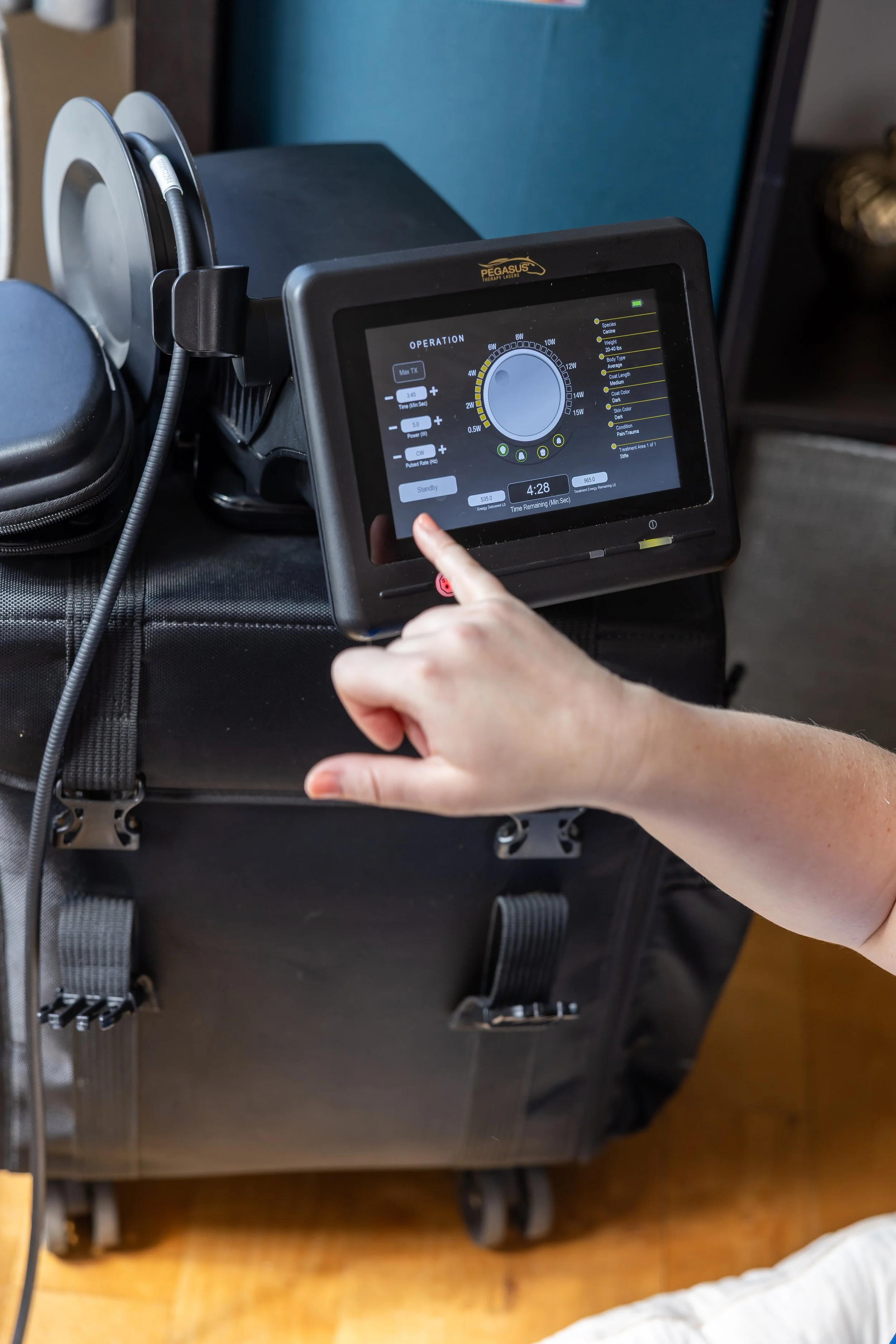 A person's hand operating a laser therapy device labeled 'Pegasus' with a digital control panel, set on a black carrying case, in a room with a wooden floor.