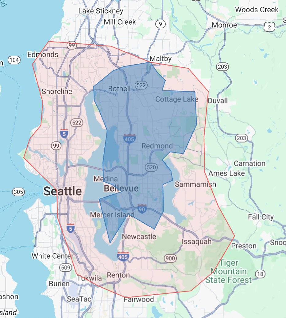 Service map showing the areas covered on the Eastside and within Seattle