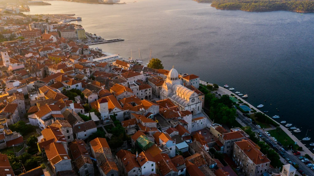 Aerial view of the old town of Sibenik, Croatia, on the waterfront