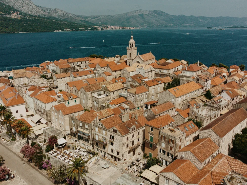 Aerial view of Kor&ccaron;ula Town, Croatia, on the bay