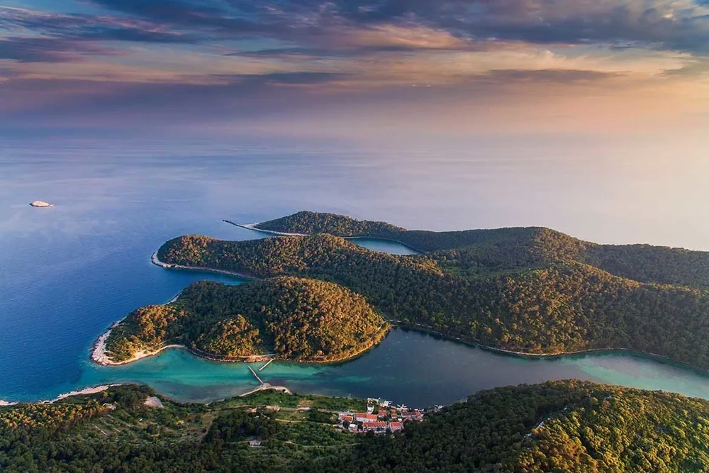 Aerial view of Pomena and the islands of Mljet, Croatia, at sunset