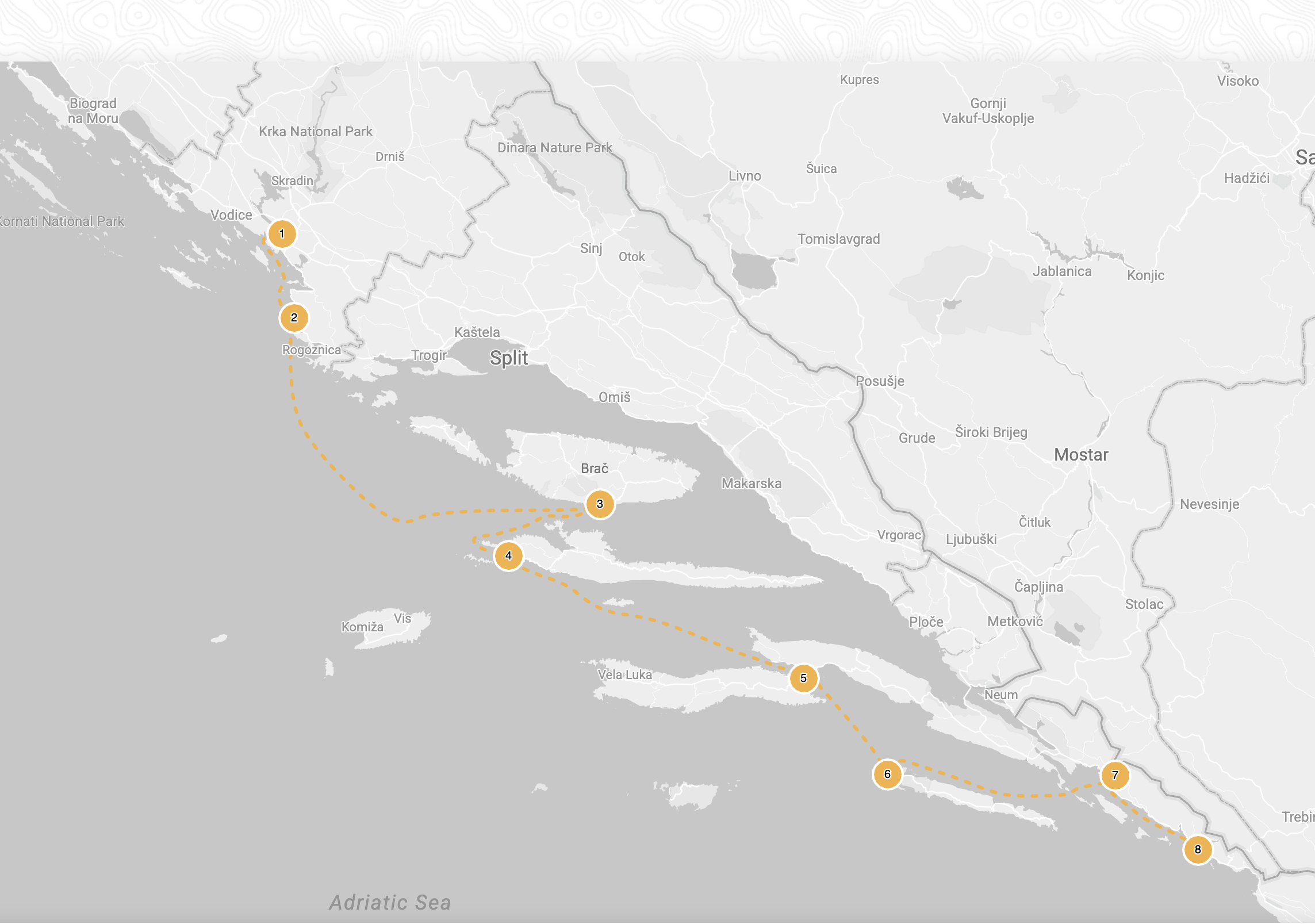 Route map of the At Ease in the Adriatic yacht itinerary from Sibenik to Dubrovnik