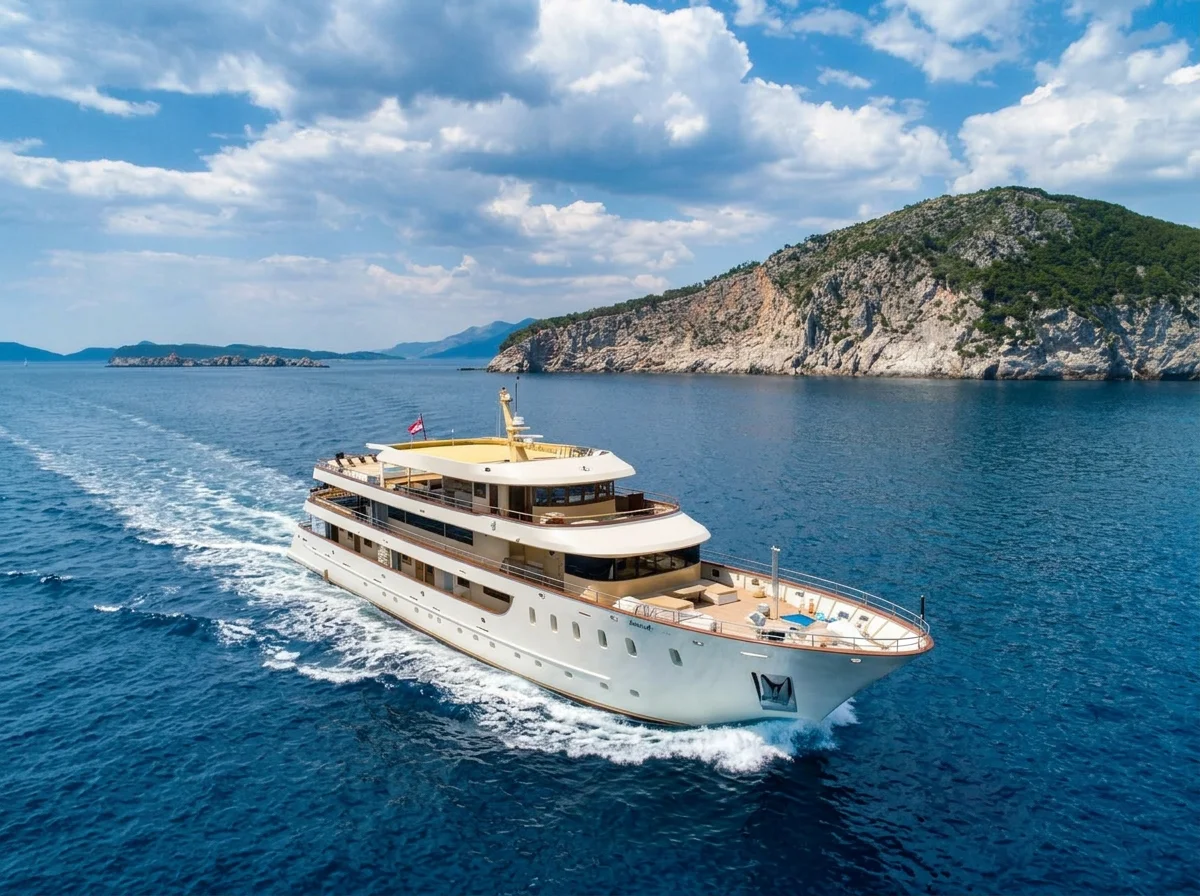Small luxury yacht cruising past a green island in the Adriatic Sea