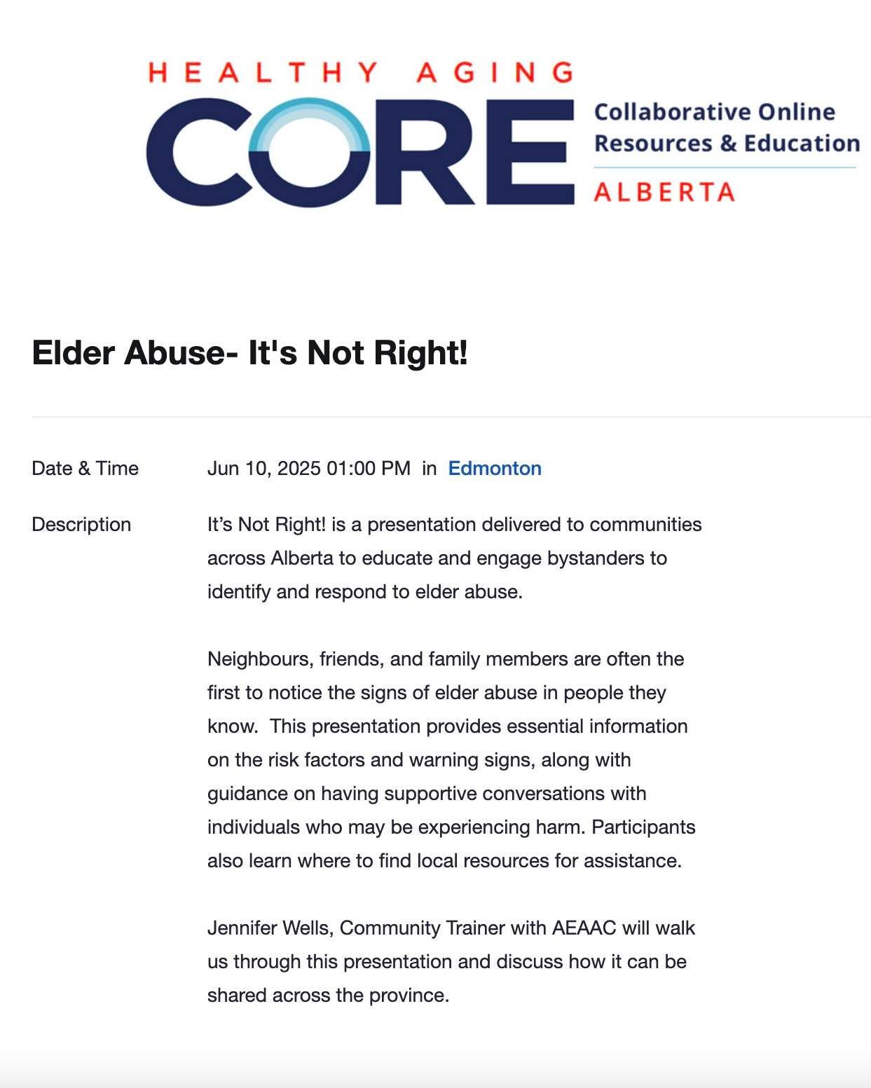 In recognition of Elder Abuse Awareness Month, Waypoints is highlighting two upcoming virtual opportunities that raise awareness and promote action to prevent elder abuse:​

🔹 June 10 | 1:00&ndash;2:30 PM MDT​
Elder Abuse &ndash; It&rsquo;s Not Righ